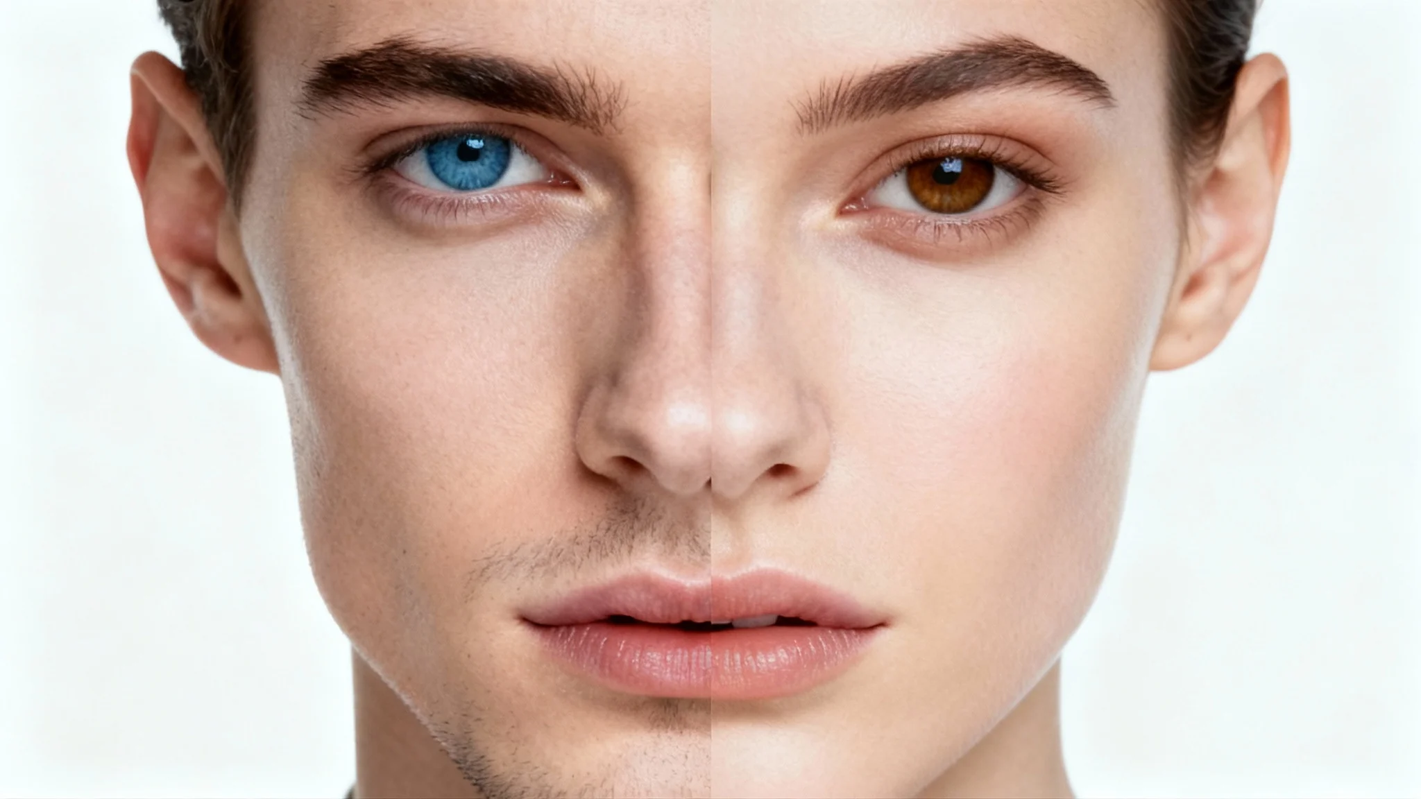 A hyper-realistic close-up of a face created by merging a man's face and a woman's face seamlessly down the middle, against a stark white background.
