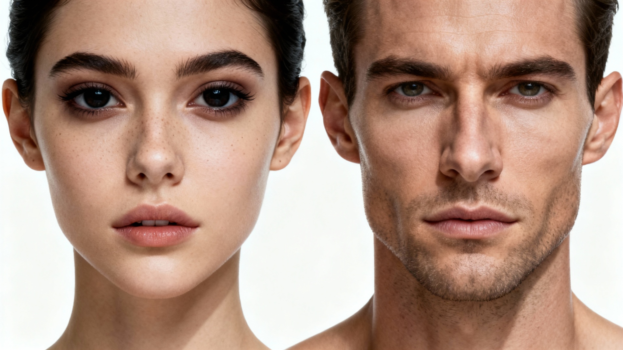 A photorealistic headshot of a person whose face is a perfect and seamless blend of a man's and a woman's features, set against a stark white background to illustrate the concept of merging two faces.