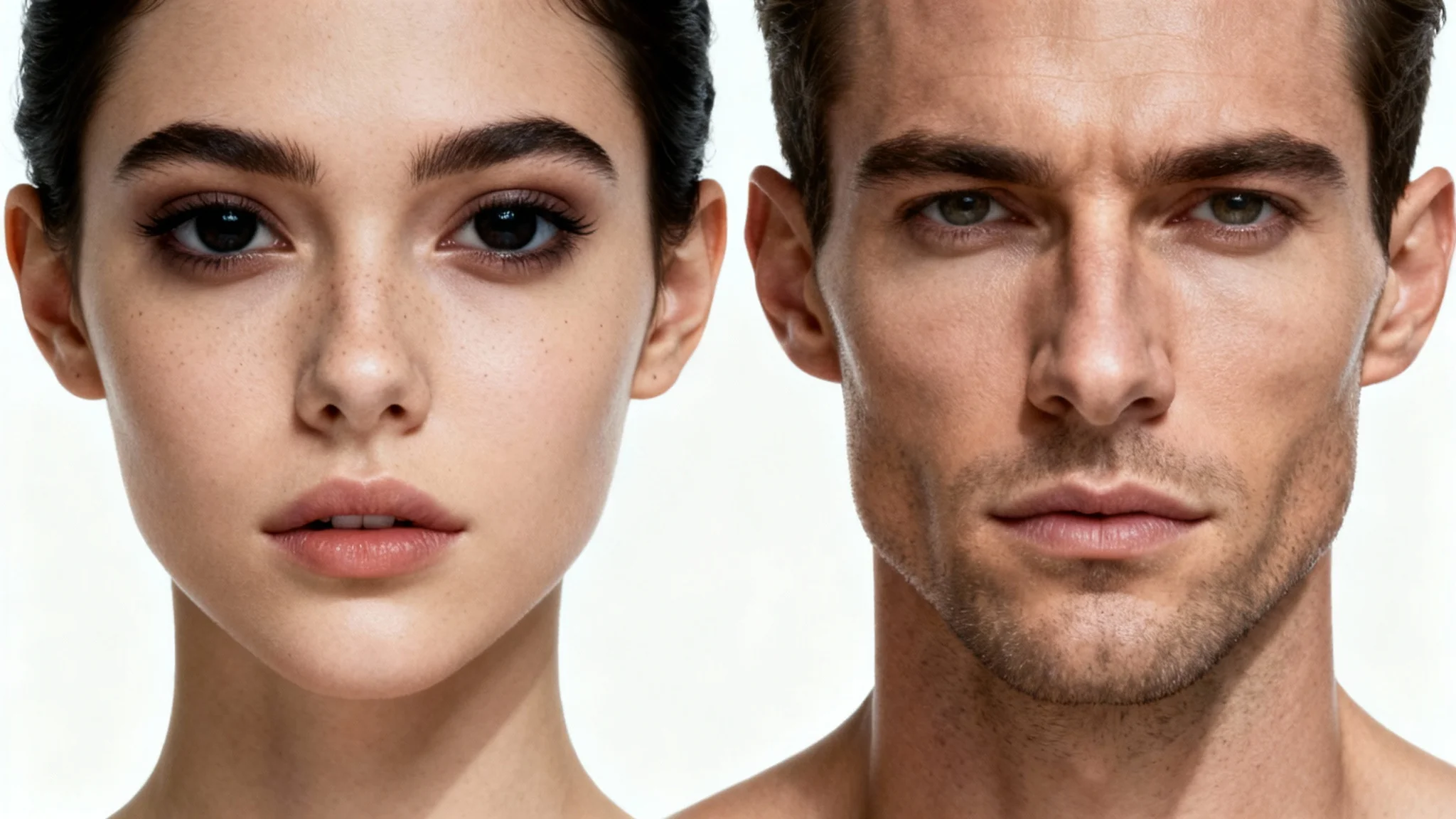 A photorealistic headshot of a person whose face is a perfect and seamless blend of a man's and a woman's features, set against a stark white background to illustrate the concept of merging two faces.