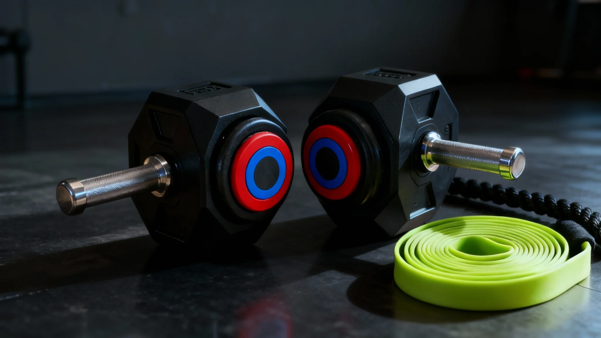 A professionally shot photograph of modern gym equipment, featuring two black kettlebells and a resistance band on a dark, polished floor in a minimalist studio.