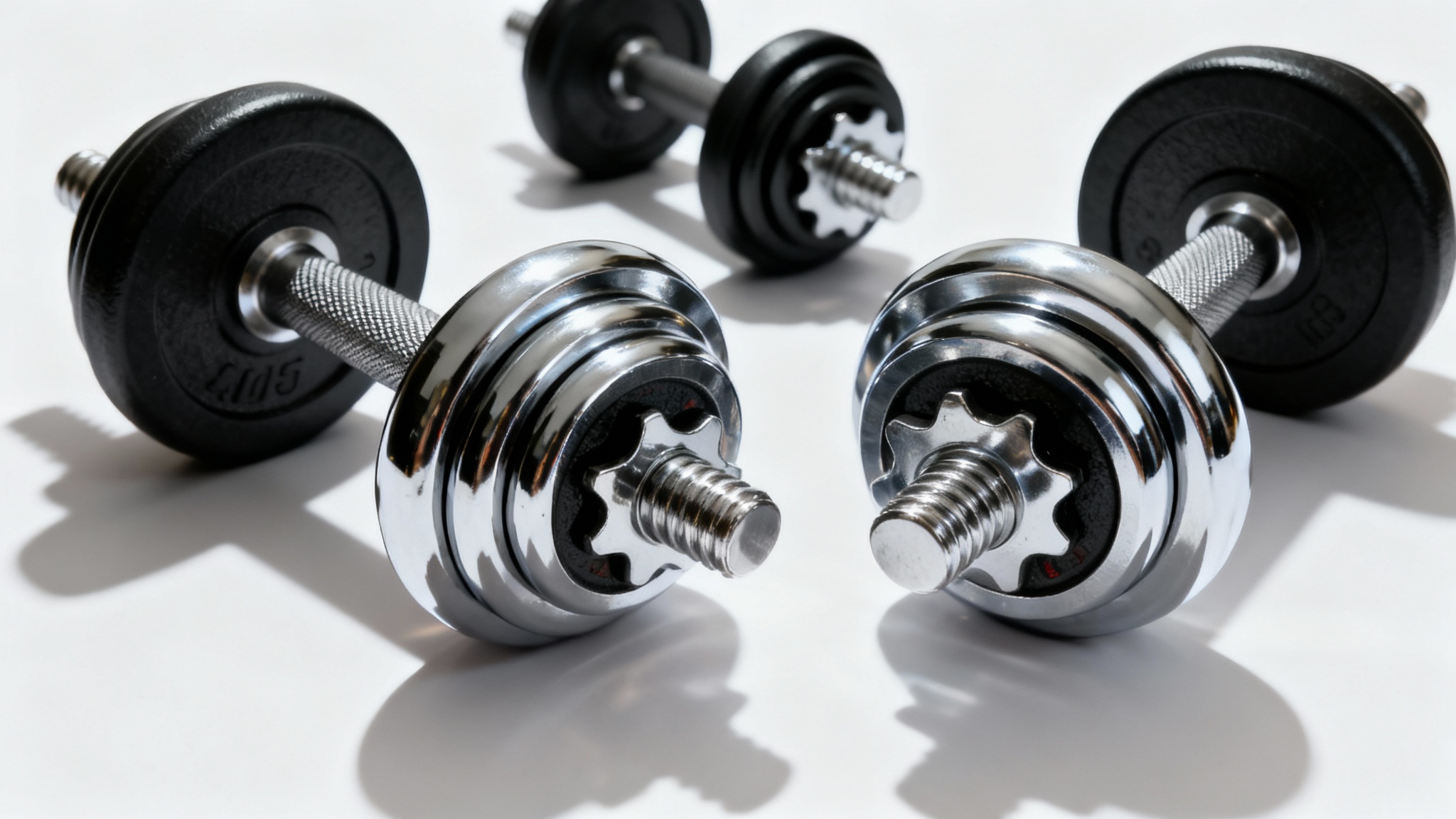 A professional studio photograph of a sleek, matte black and chrome dumbbell set arranged neatly on a pure white background.