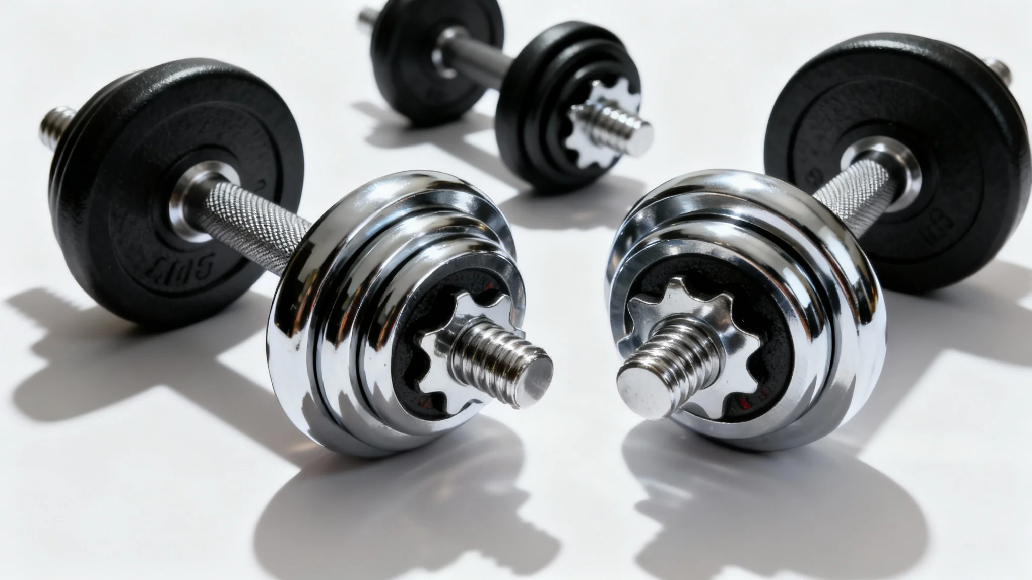 A professional studio photograph of a sleek, matte black and chrome dumbbell set arranged neatly on a pure white background.