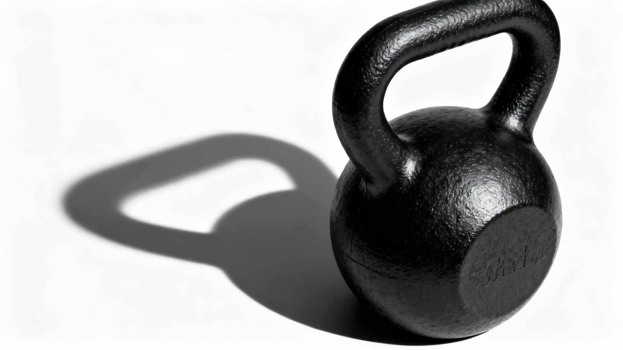 A professional studio photograph of a single, modern, matte black kettlebell sitting on a pure white background, with dramatic lighting highlighting its texture and form.