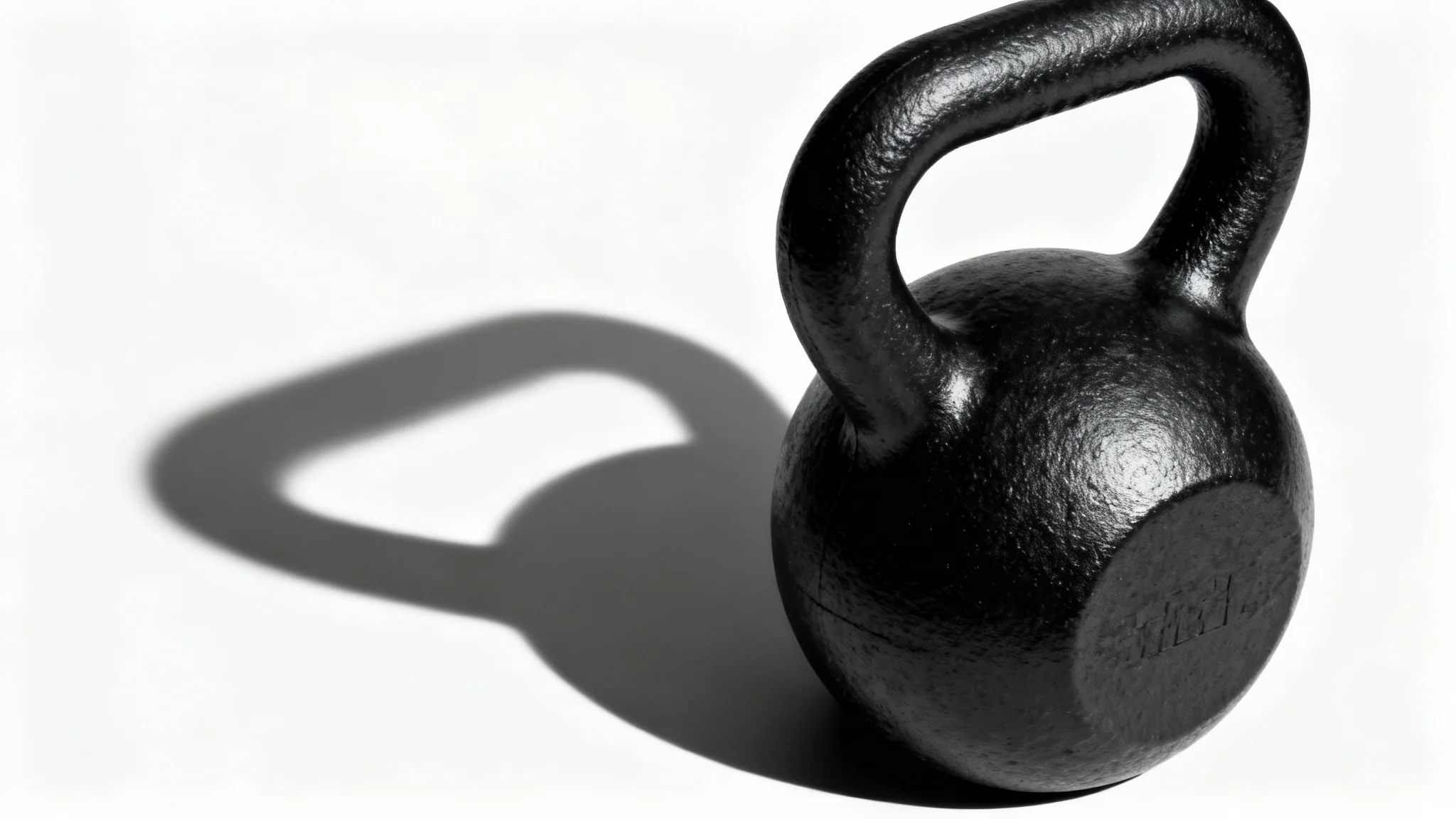 A professional studio photograph of a single, modern, matte black kettlebell sitting on a pure white background, with dramatic lighting highlighting its texture and form.