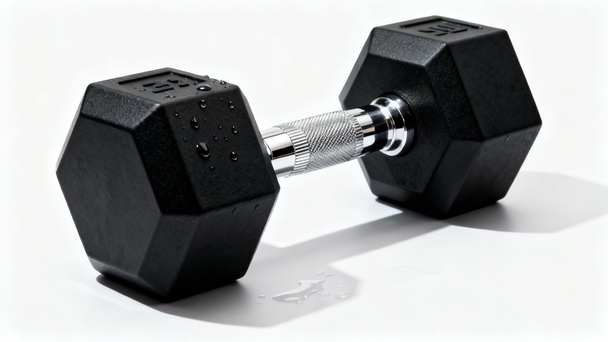 A professional studio photograph of a single black and chrome dumbbell resting on a clean white background, with water droplets on its surface.