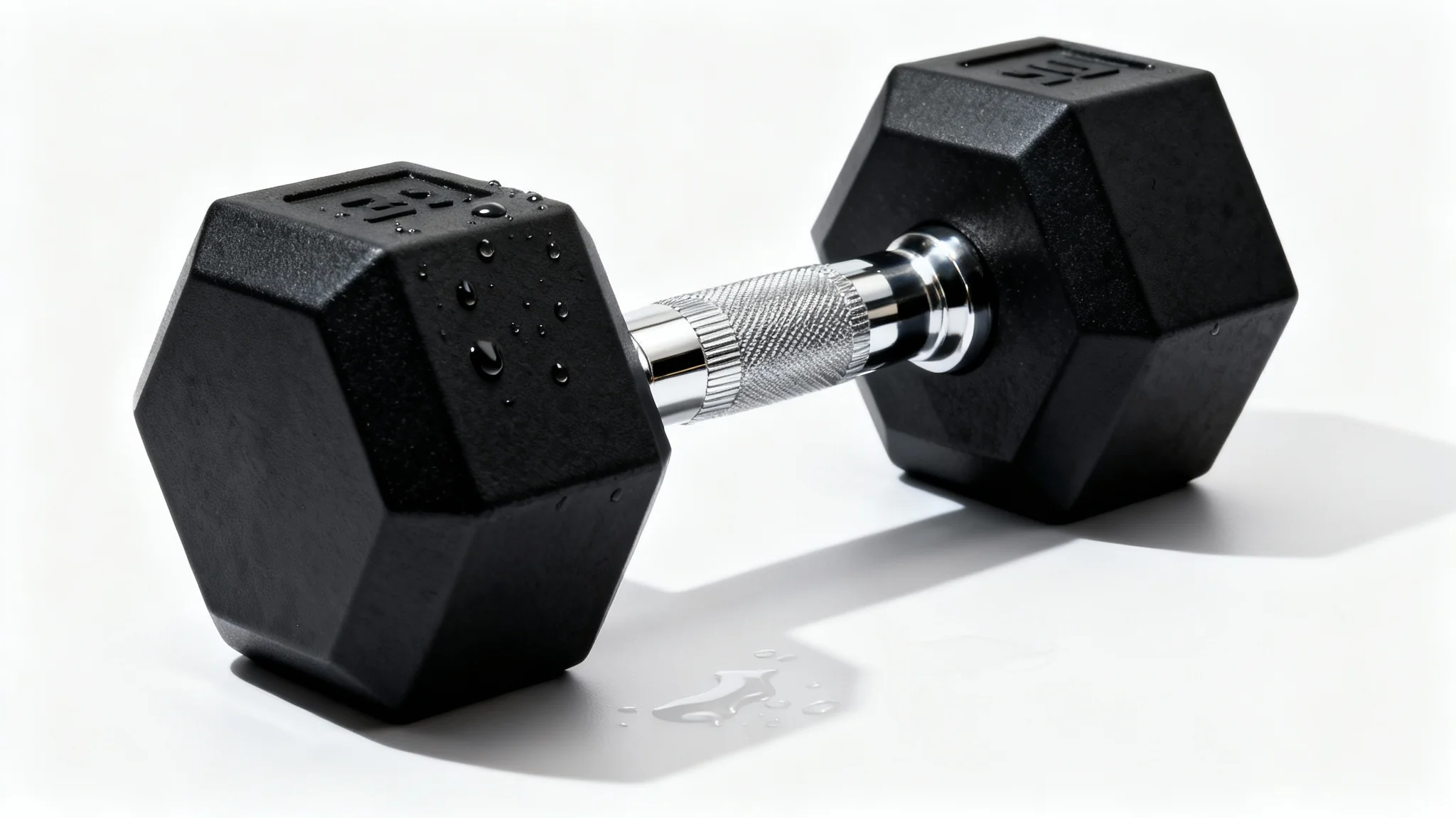 A professional studio photograph of a single black and chrome dumbbell resting on a clean white background, with water droplets on its surface.