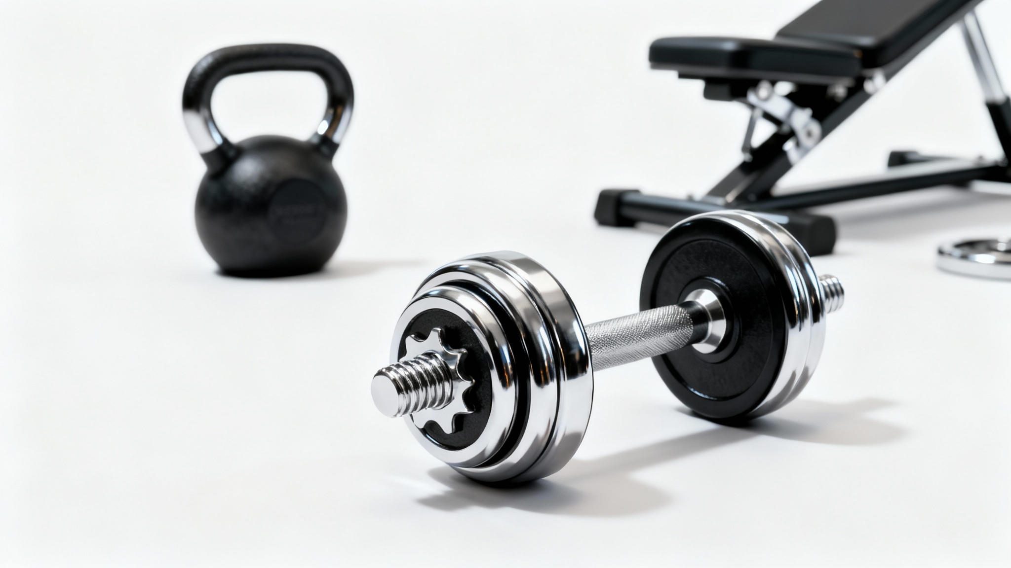 A professional product photograph of a single black and chrome dumbbell in sharp focus, with other gym equipment softly blurred in the background against a clean white studio setting.