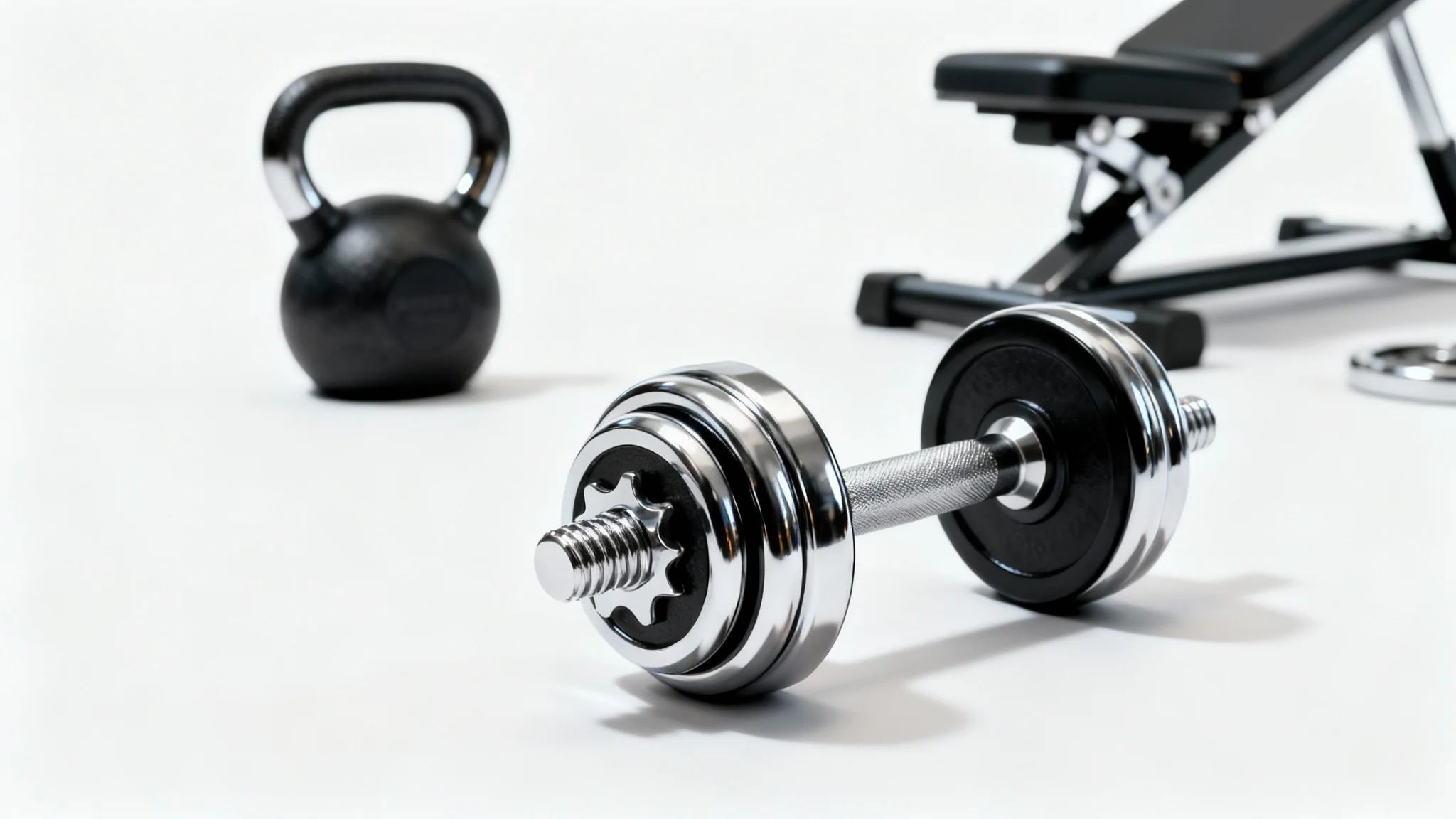 A professional product photograph of a single black and chrome dumbbell in sharp focus, with other gym equipment softly blurred in the background against a clean white studio setting.
