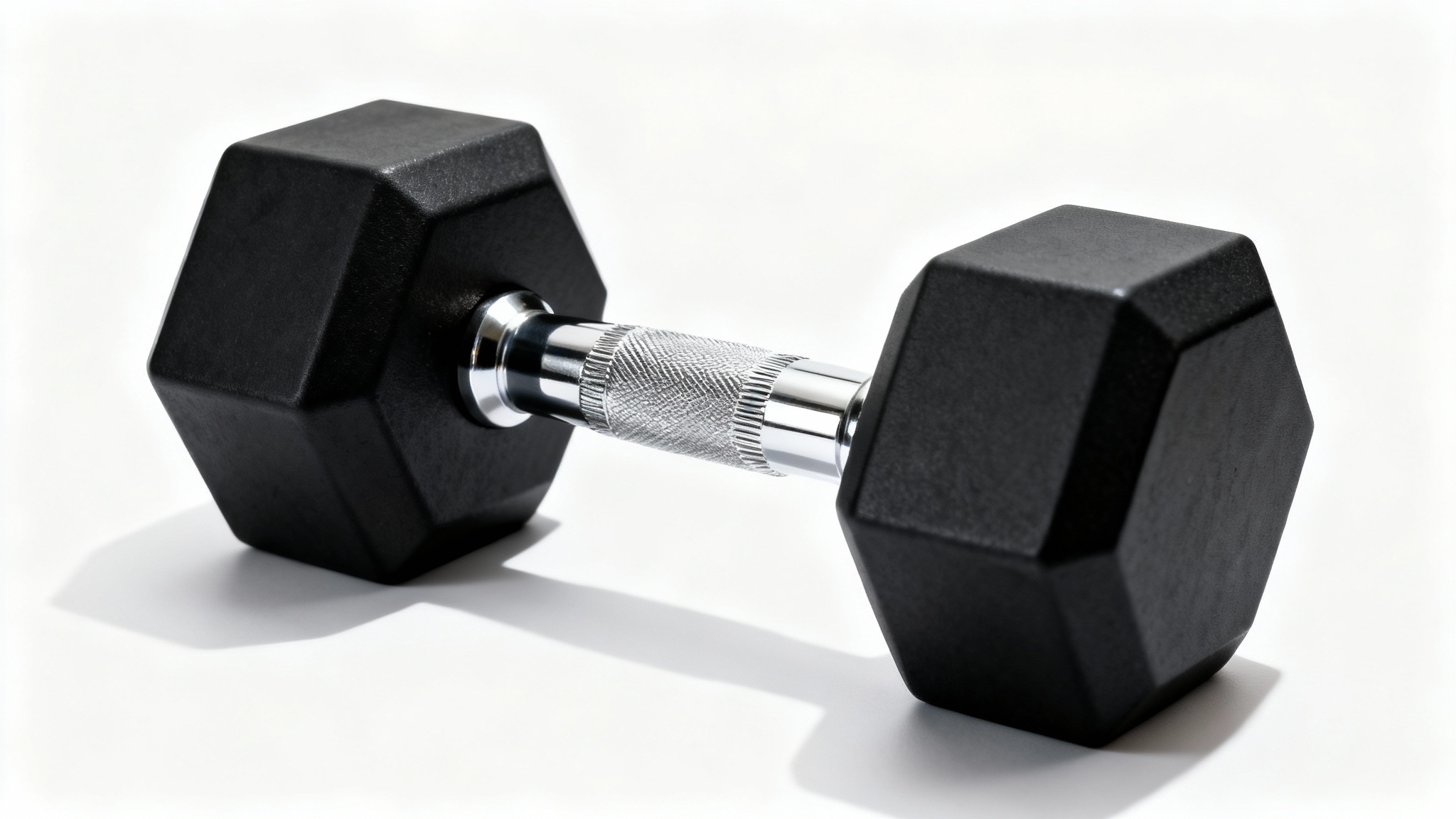 A professional studio photograph of a single black and chrome dumbbell on a clean white background, highlighting its premium design.