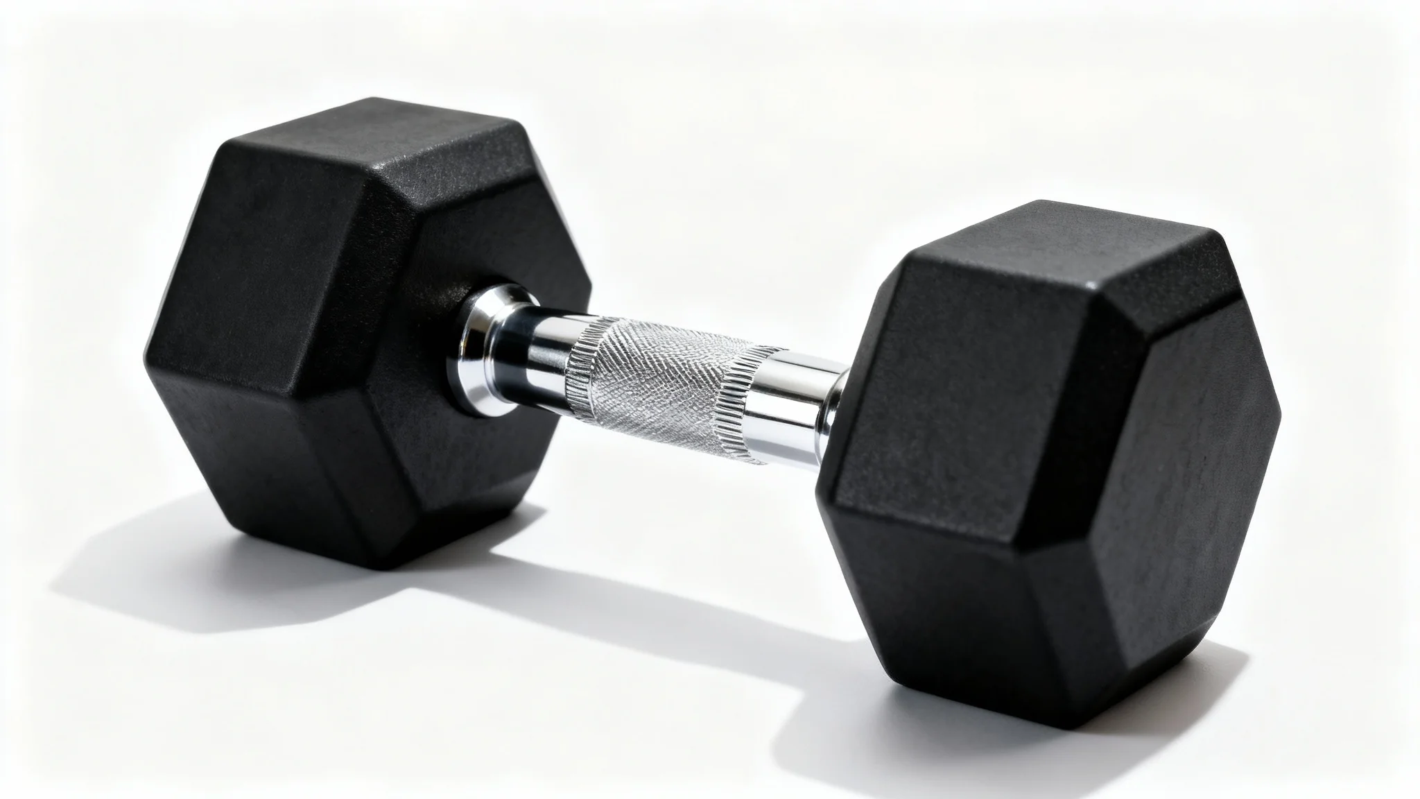 A professional studio photograph of a single black and chrome dumbbell on a clean white background, highlighting its premium design.