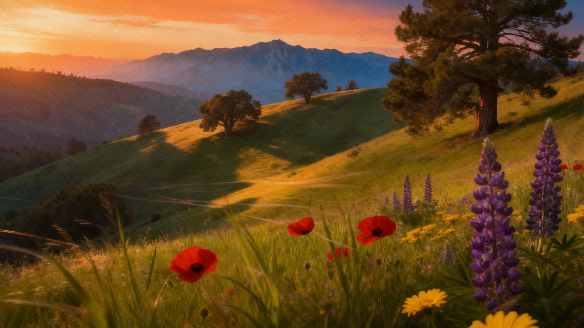 A vibrant landscape image demonstrating a parallax effect, with three distinct layers of depth. The foreground with grass and flowers is blurred for motion, the midground hills are slightly blurred, and the background mountains are sharp, creating a sense of movement.