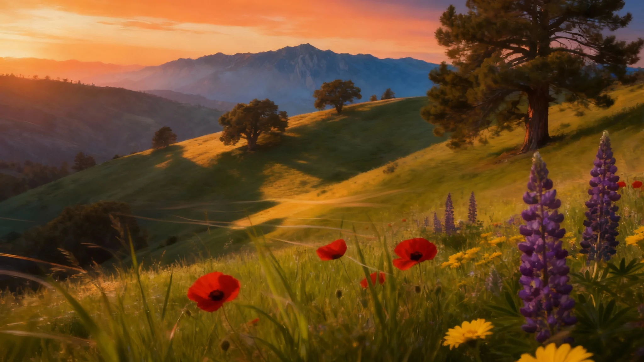 A vibrant landscape image demonstrating a parallax effect, with three distinct layers of depth. The foreground with grass and flowers is blurred for motion, the midground hills are slightly blurred, and the background mountains are sharp, creating a sense of movement.