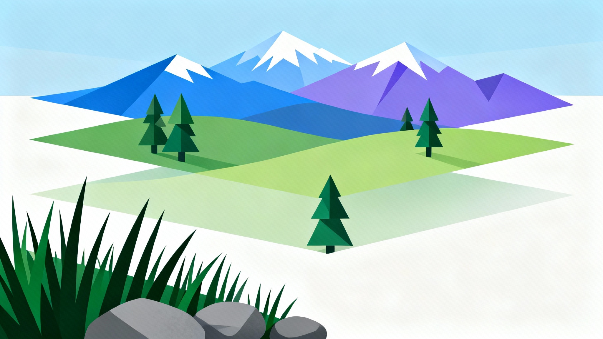 A stylized vector illustration of a layered landscape demonstrating the parallax effect, with foreground grass, mid-ground hills, and background mountains to create a sense of depth.
