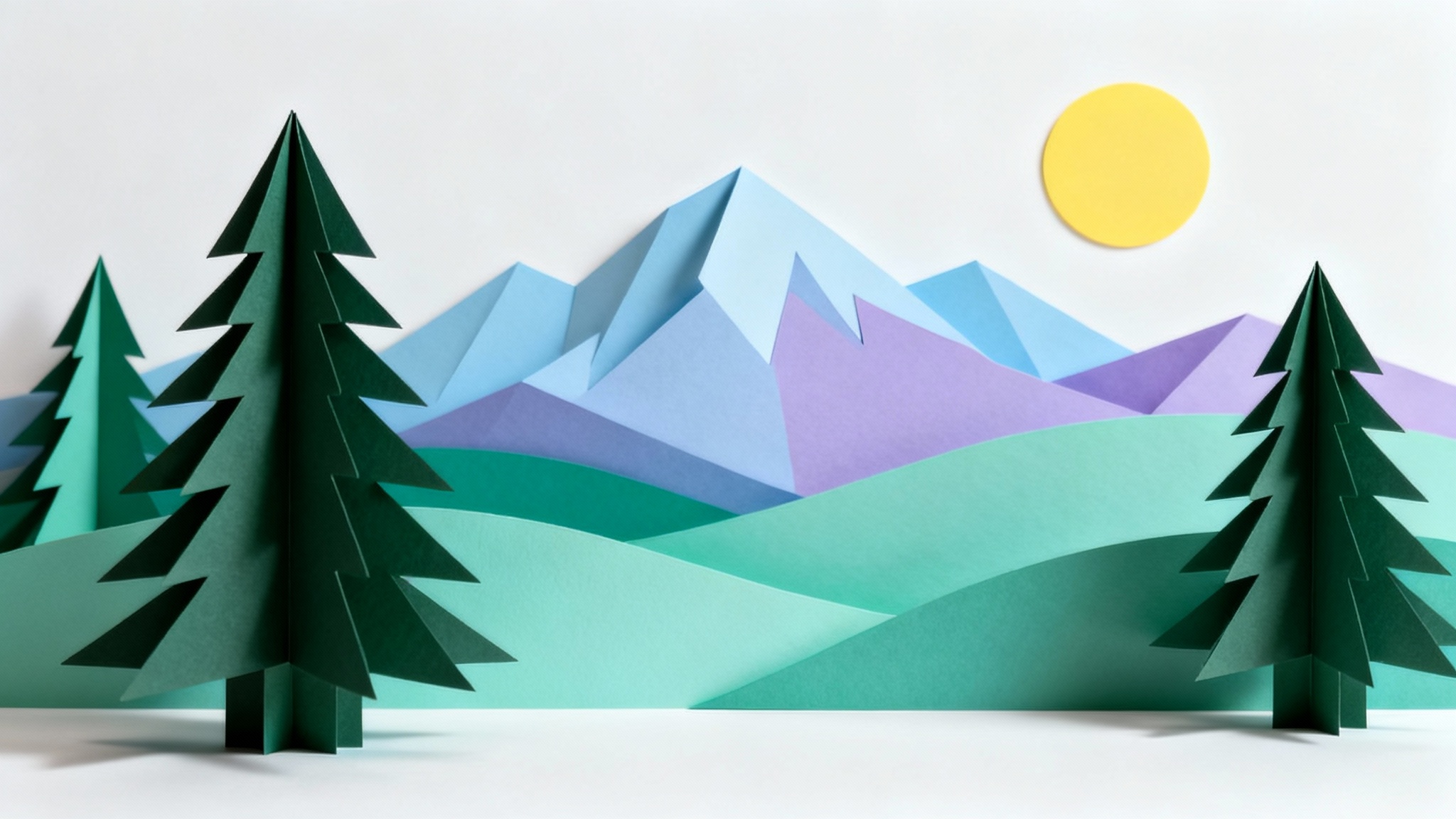 A stylized 3D diorama of a landscape showing separate layers for a foreground tree, mid-ground hills, and background mountains to illustrate the parallax depth effect.