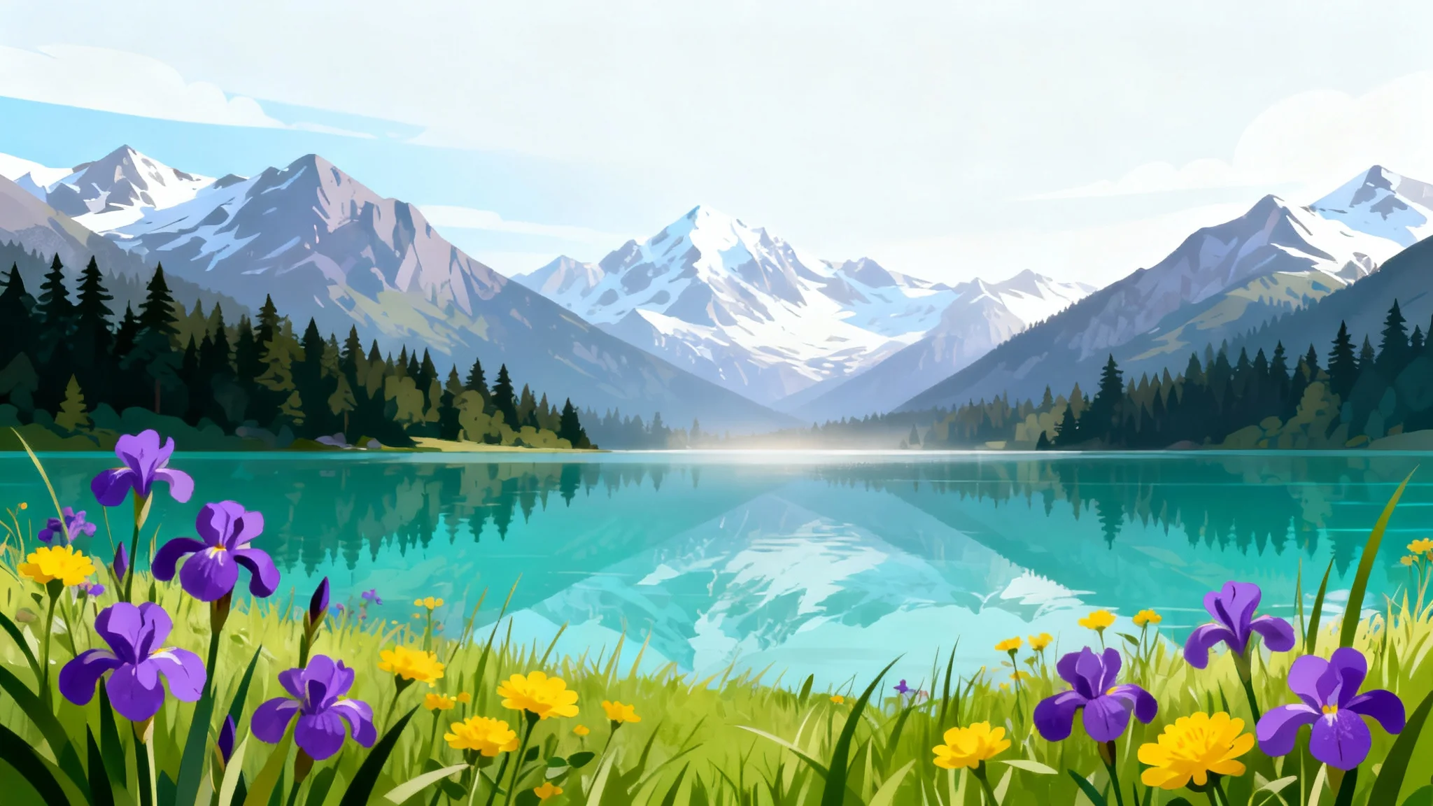 A digital illustration of a mountain landscape with clear layers, demonstrating the parallax effect. A foreground of wildflowers, a midground with an alpine lake, and a background of snow-capped mountains.