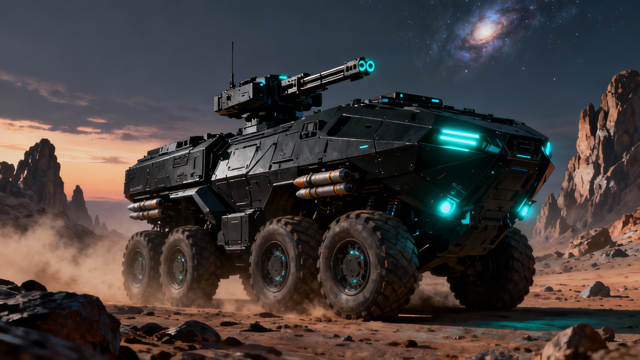 A stunning piece of concept art for a futuristic armored vehicle, shown from a low angle on a rocky, alien world at dusk. The vehicle is black with glowing cyan lights and a large cannon.