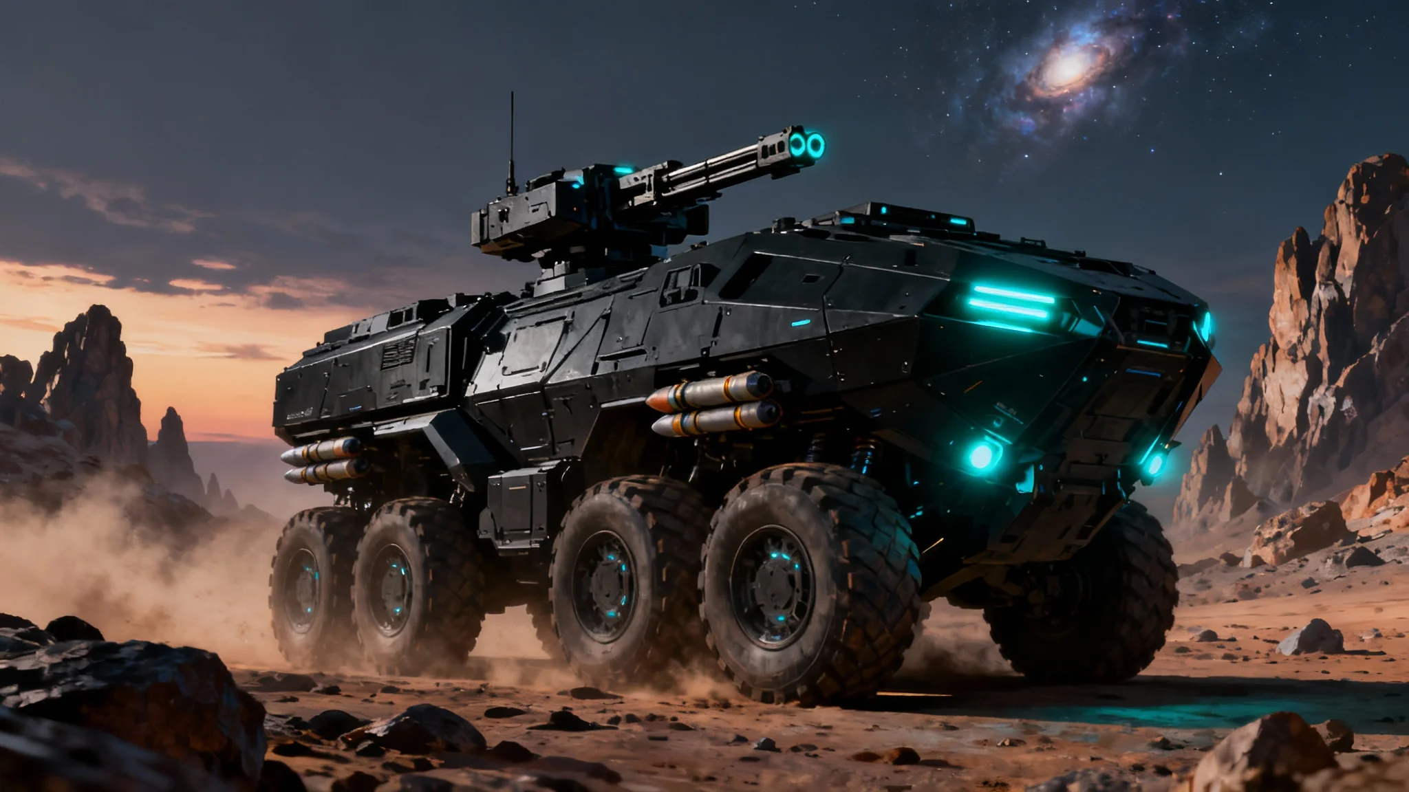 A stunning piece of concept art for a futuristic armored vehicle, shown from a low angle on a rocky, alien world at dusk. The vehicle is black with glowing cyan lights and a large cannon.