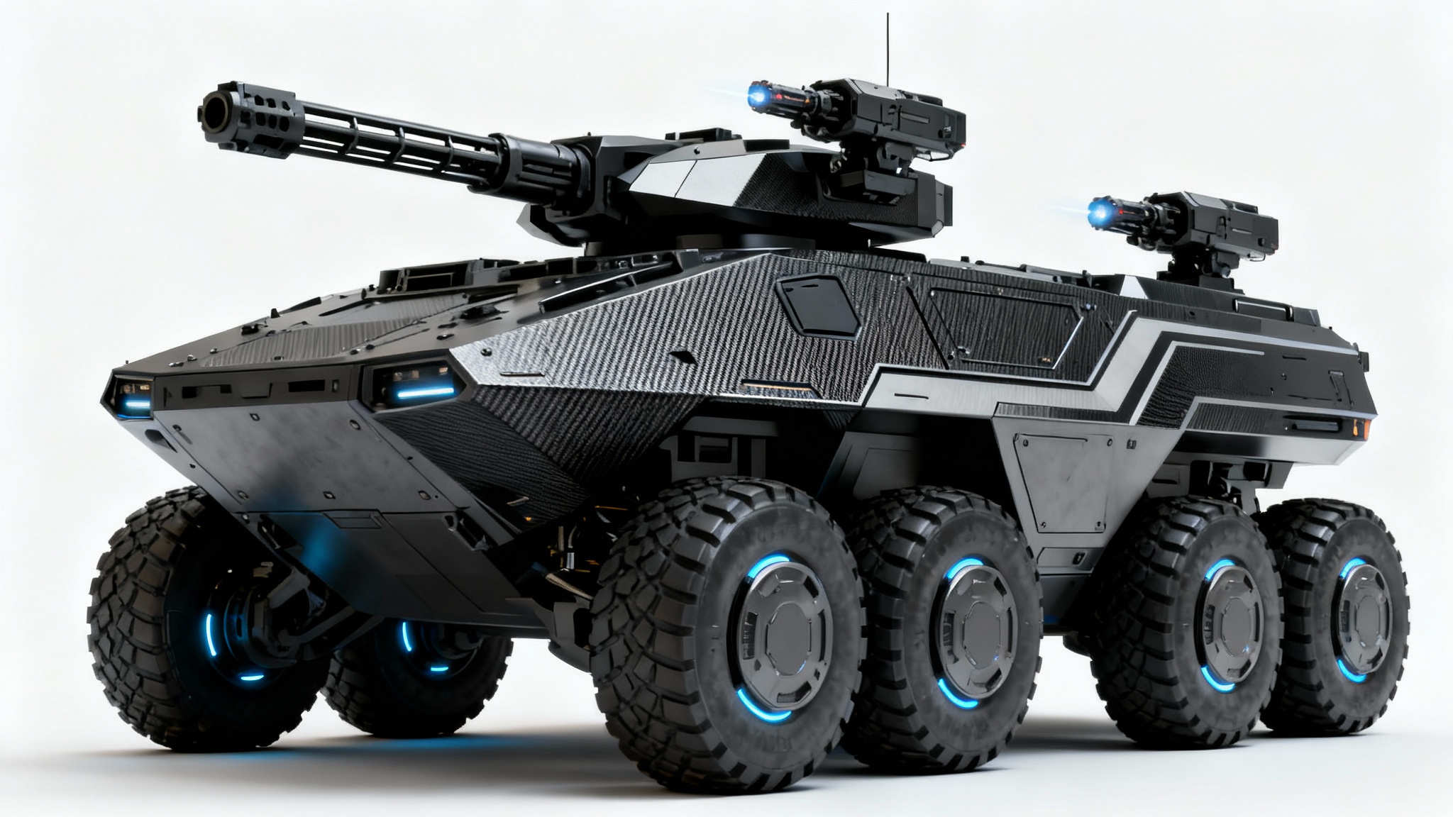 A futuristic armored vehicle concept art, featuring a sleek, black design with a large cannon and six wheels, set against a plain white background.