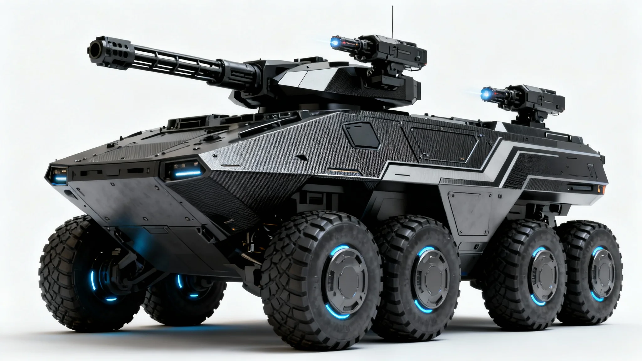 A futuristic armored vehicle concept art, featuring a sleek, black design with a large cannon and six wheels, set against a plain white background.