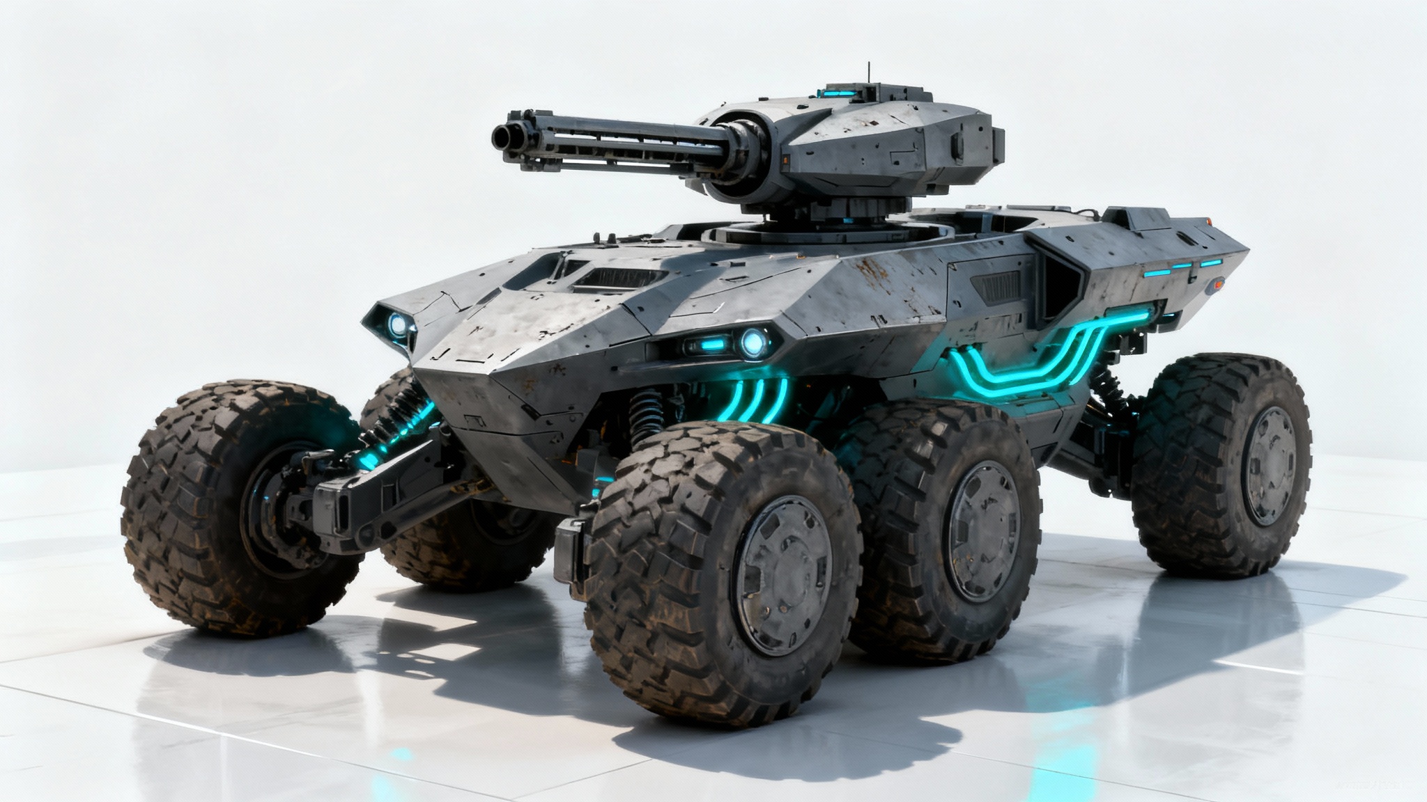 A piece of concept art showing a futuristic, low-profile armored vehicle in matte gray with glowing cyan lights, presented in a studio setting against a white background.
