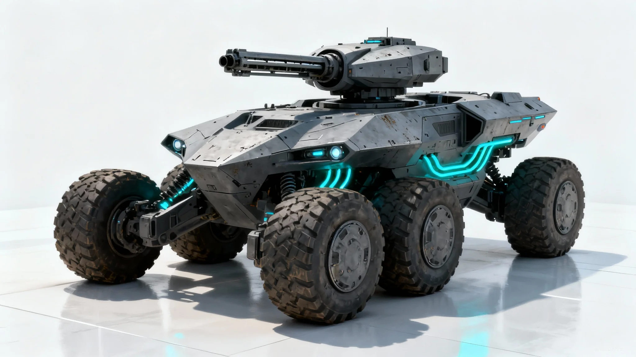 A piece of concept art showing a futuristic, low-profile armored vehicle in matte gray with glowing cyan lights, presented in a studio setting against a white background.