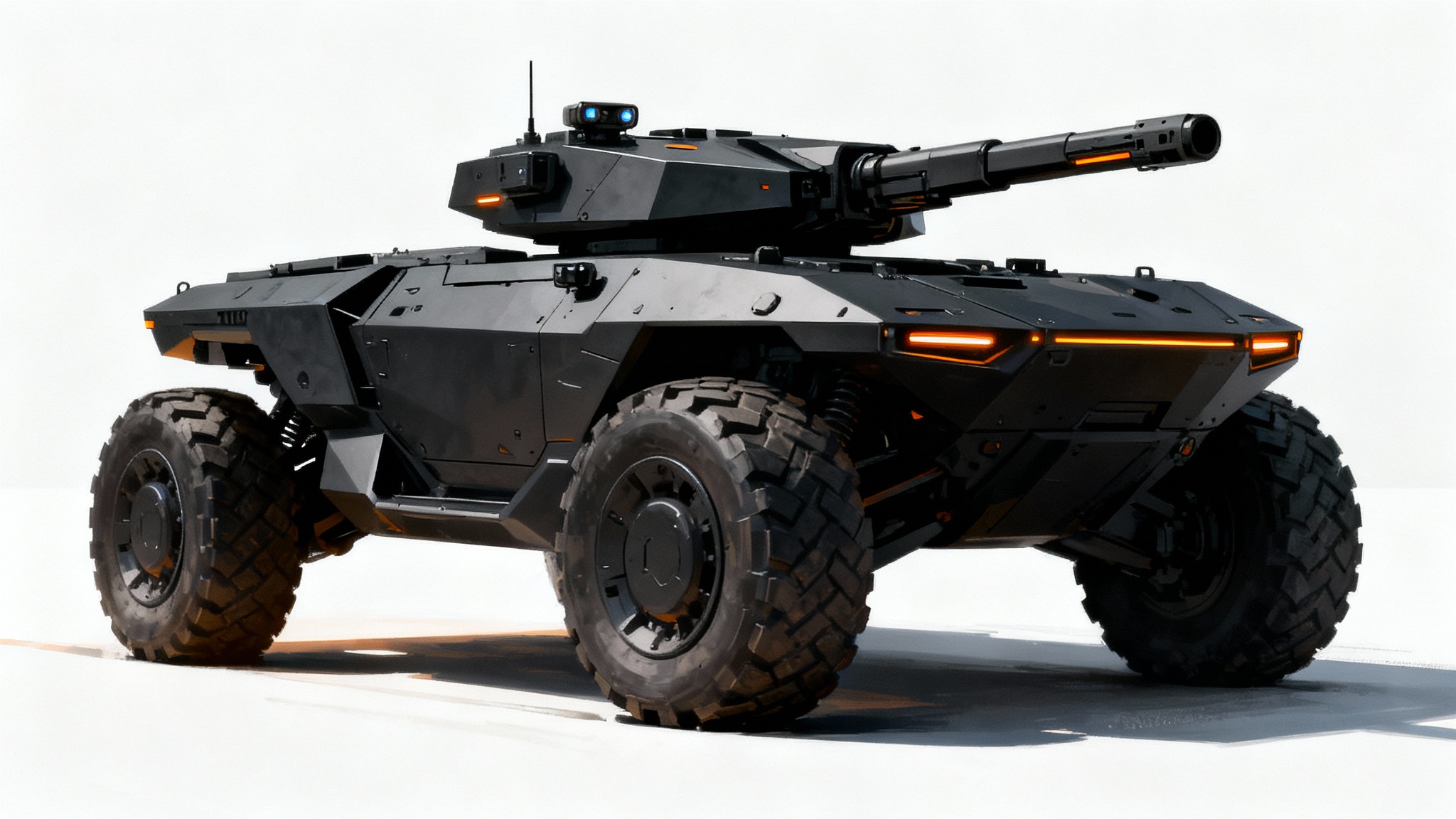 A highly detailed digital painting of a futuristic armored vehicle concept, featuring a sleek, angular black design with orange glowing accents, set against a plain white background.