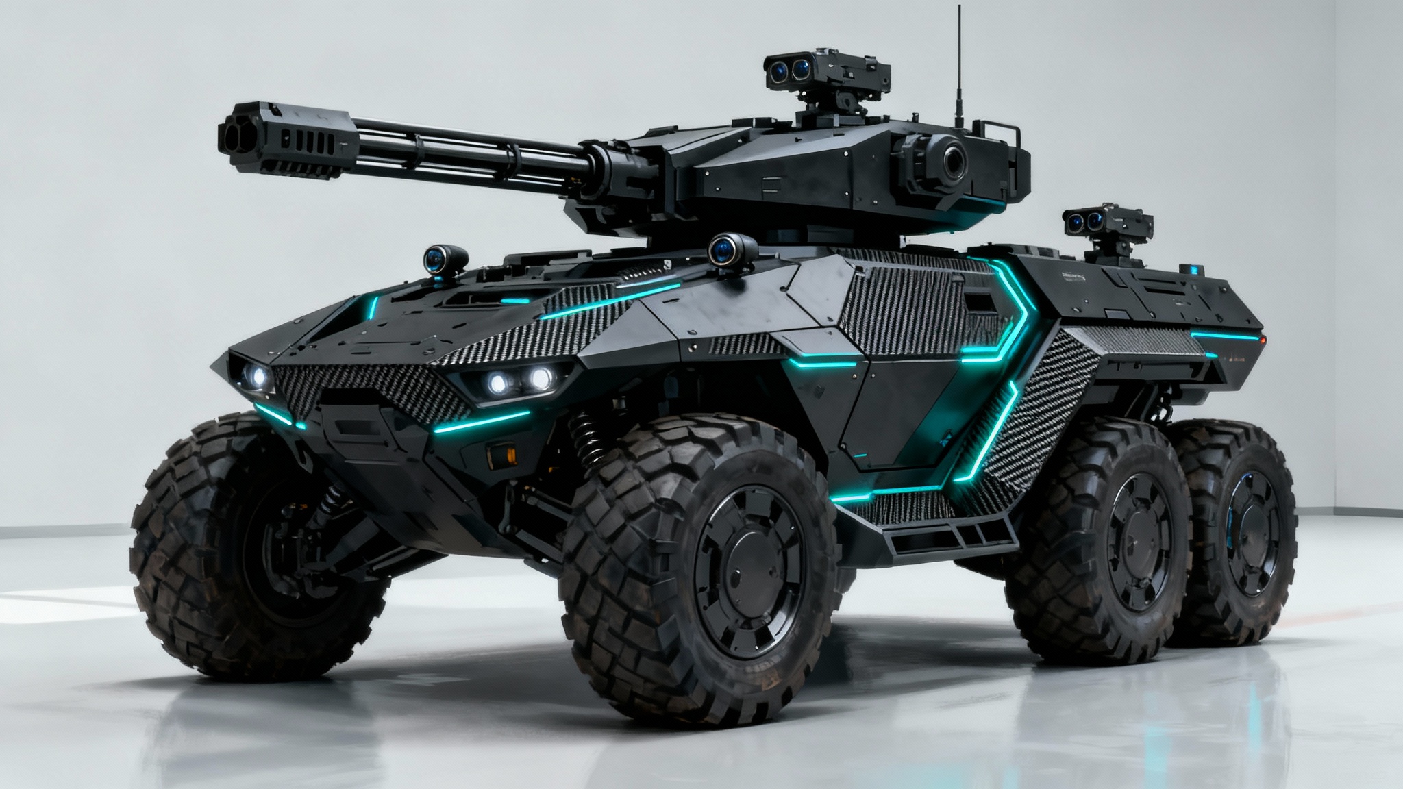 Concept art of a futuristic, black armored combat vehicle with a sleek, angular design, shown from a three-quarter angle against a plain white background.