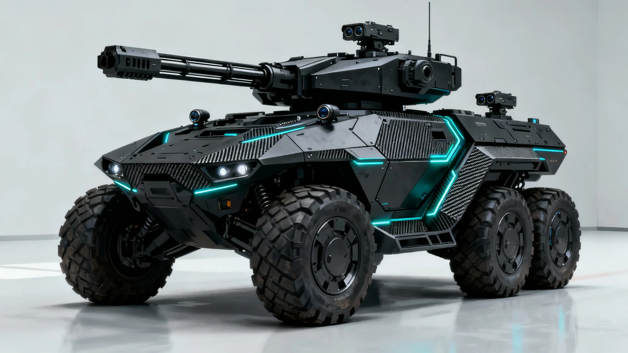 Concept art of a futuristic, black armored combat vehicle with a sleek, angular design, shown from a three-quarter angle against a plain white background.