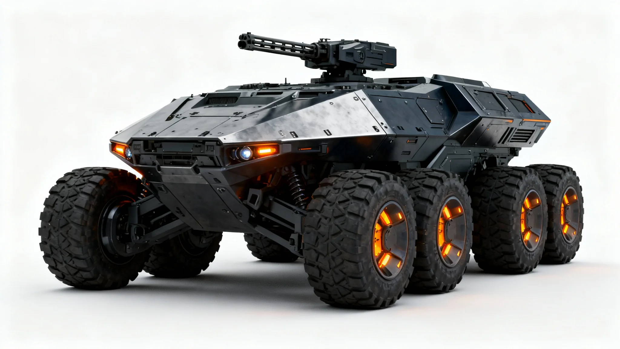 Concept art of a futuristic, low-profile armored vehicle in gunmetal grey, featuring eight large wheels and glowing orange lights, presented against a stark white background.