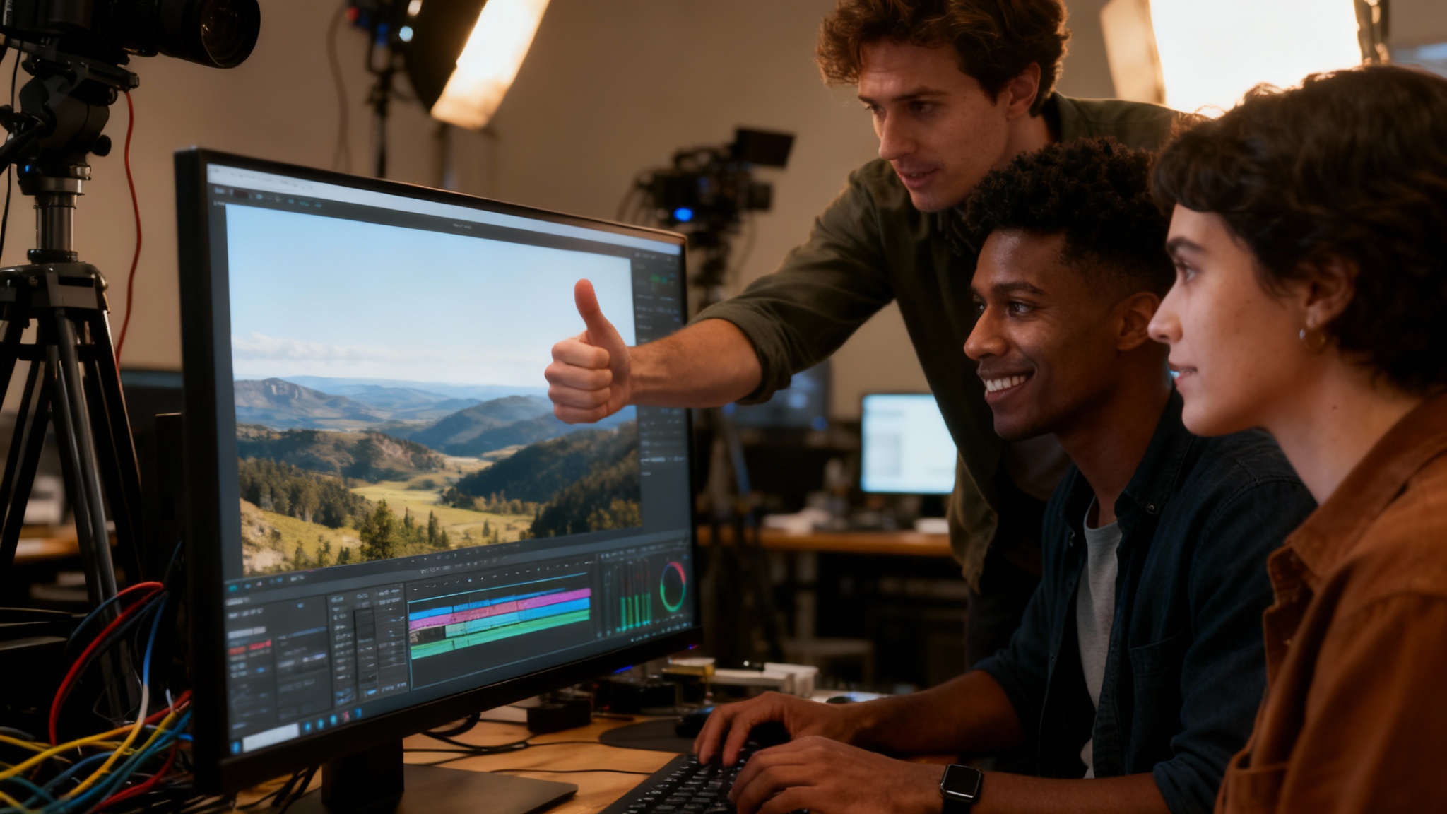 Three video editors in a modern studio celebrating as they look at a large computer screen displaying a perfectly corrected, high-quality video, demonstrating the successful fixing of a stretched video.