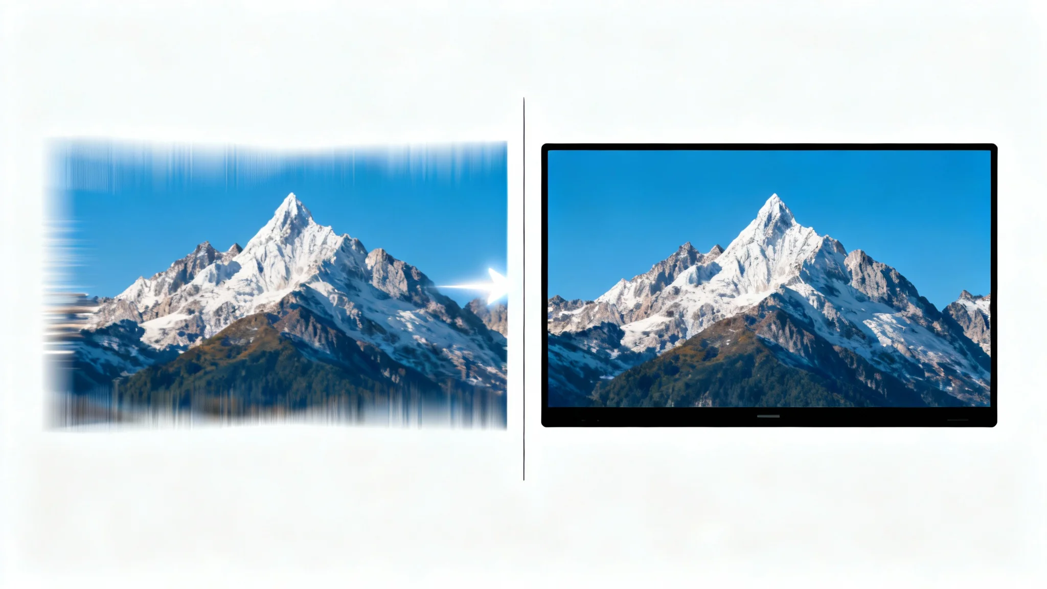 A split-screen comparison showing a distorted, horizontally stretched video of a mountain on the left and the same video corrected to its proper aspect ratio on the right, looking crisp and clear.