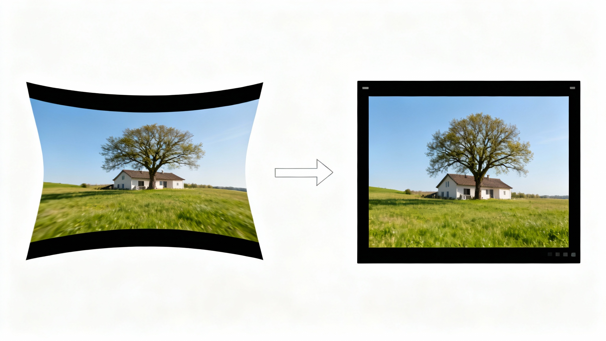 A before-and-after comparison image. On the left is a horizontally stretched, distorted video frame of a landscape. On the right is the same frame corrected to its proper aspect ratio, looking clear and natural.