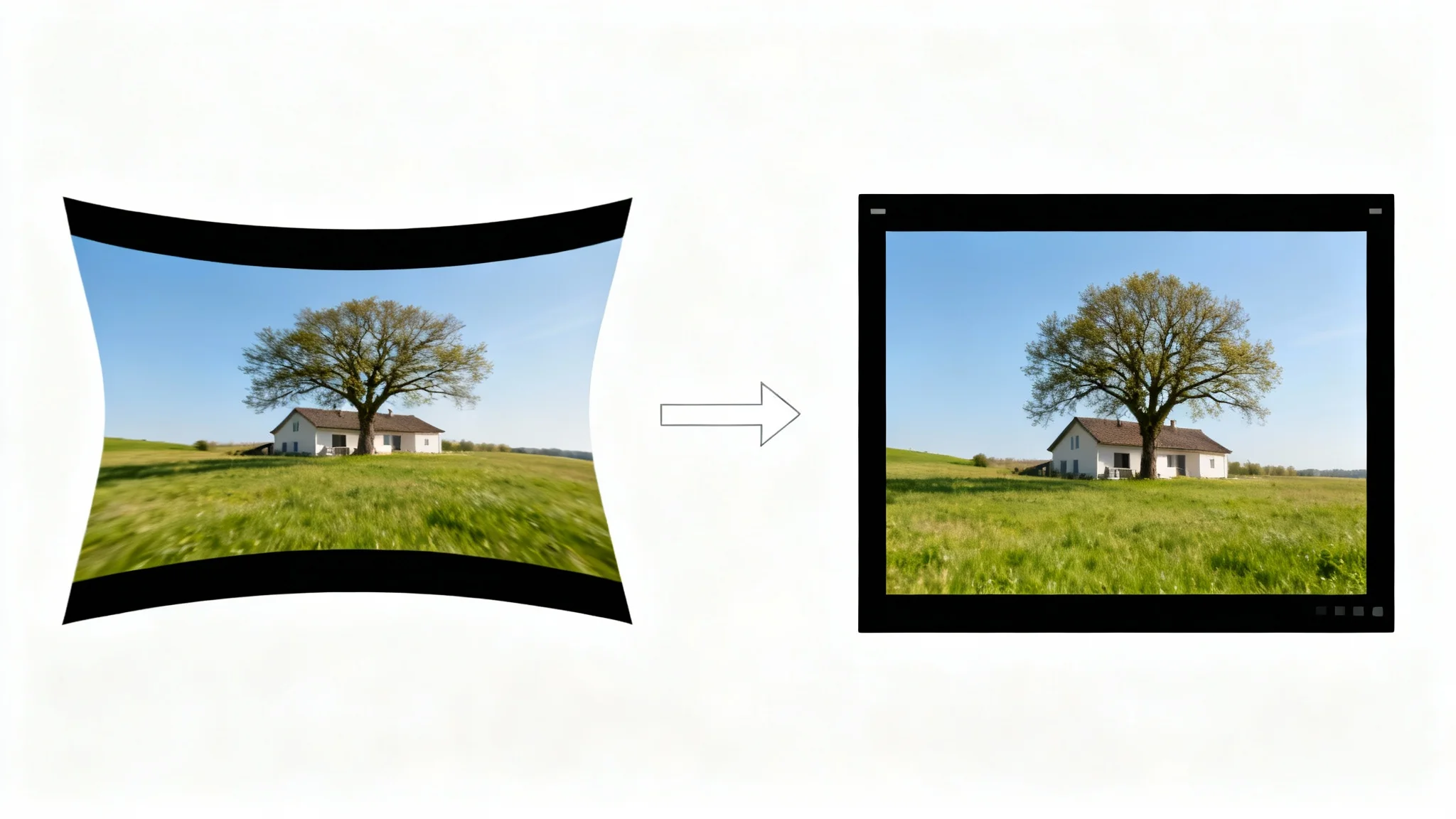 A before-and-after comparison image. On the left is a horizontally stretched, distorted video frame of a landscape. On the right is the same frame corrected to its proper aspect ratio, looking clear and natural.