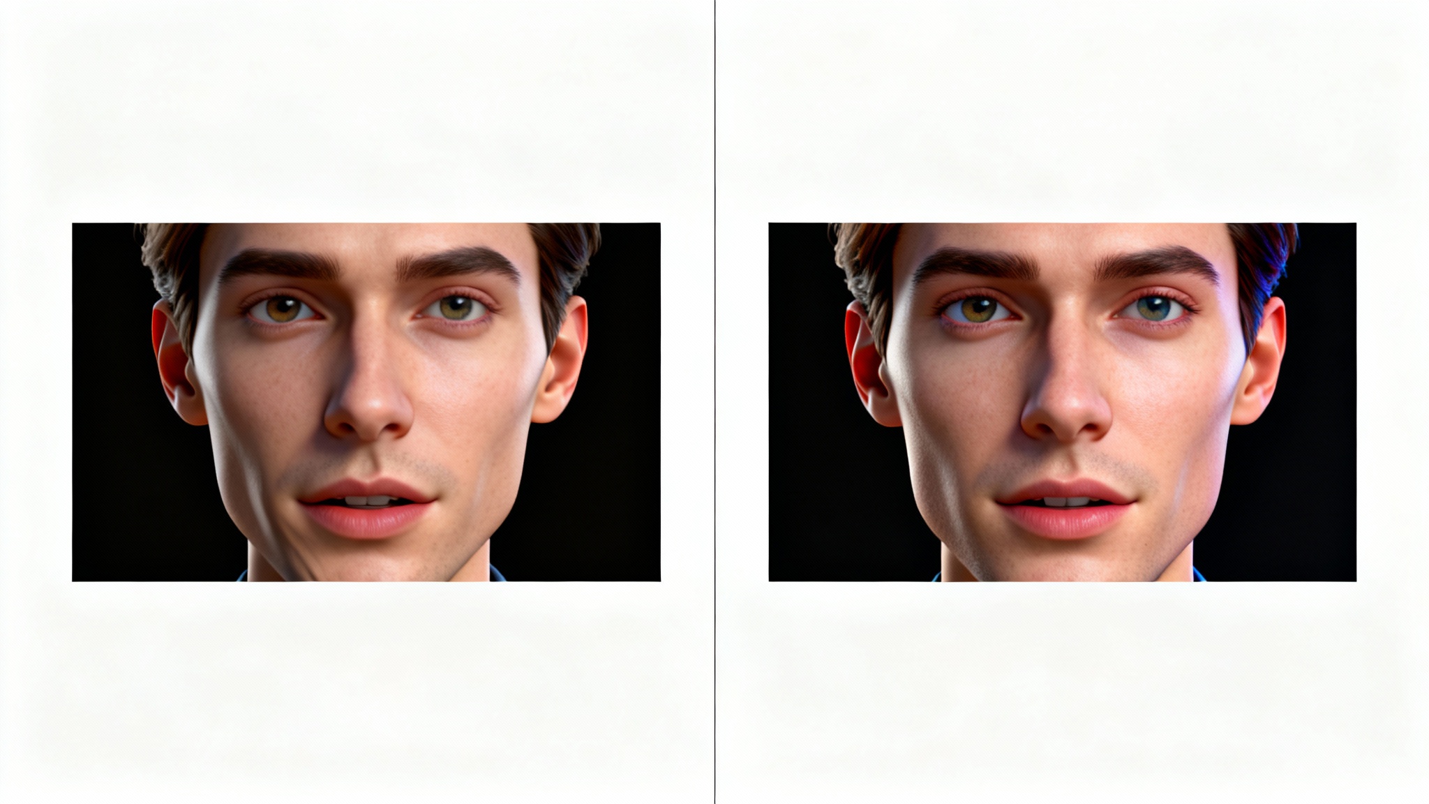 A conceptual before-and-after image illustrating a stretched video being fixed. The left side shows a person's face distorted and stretched wide, and the right side shows the same face with correct, natural proportions and high quality.