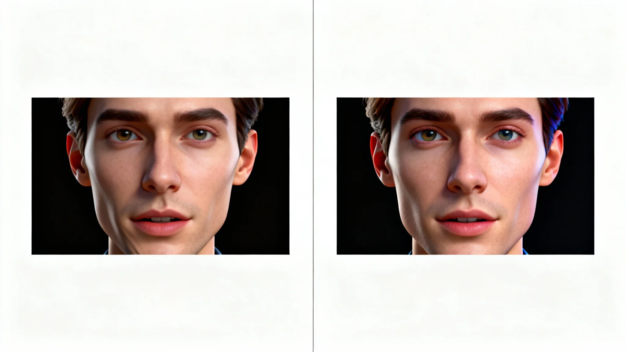 A conceptual before-and-after image illustrating a stretched video being fixed. The left side shows a person's face distorted and stretched wide, and the right side shows the same face with correct, natural proportions and high quality.