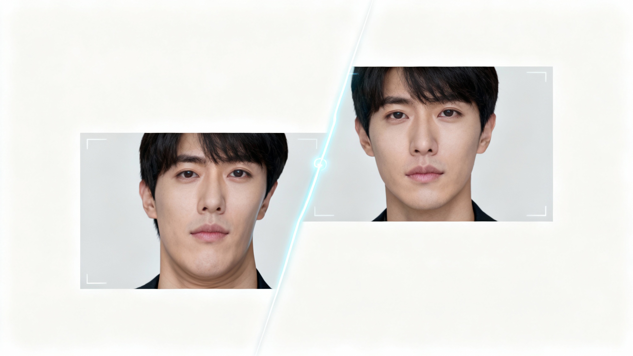 A conceptual image showing a video frame being fixed. The left half shows a man's face stretched and distorted, while the right half shows his face corrected to its proper, natural proportions.