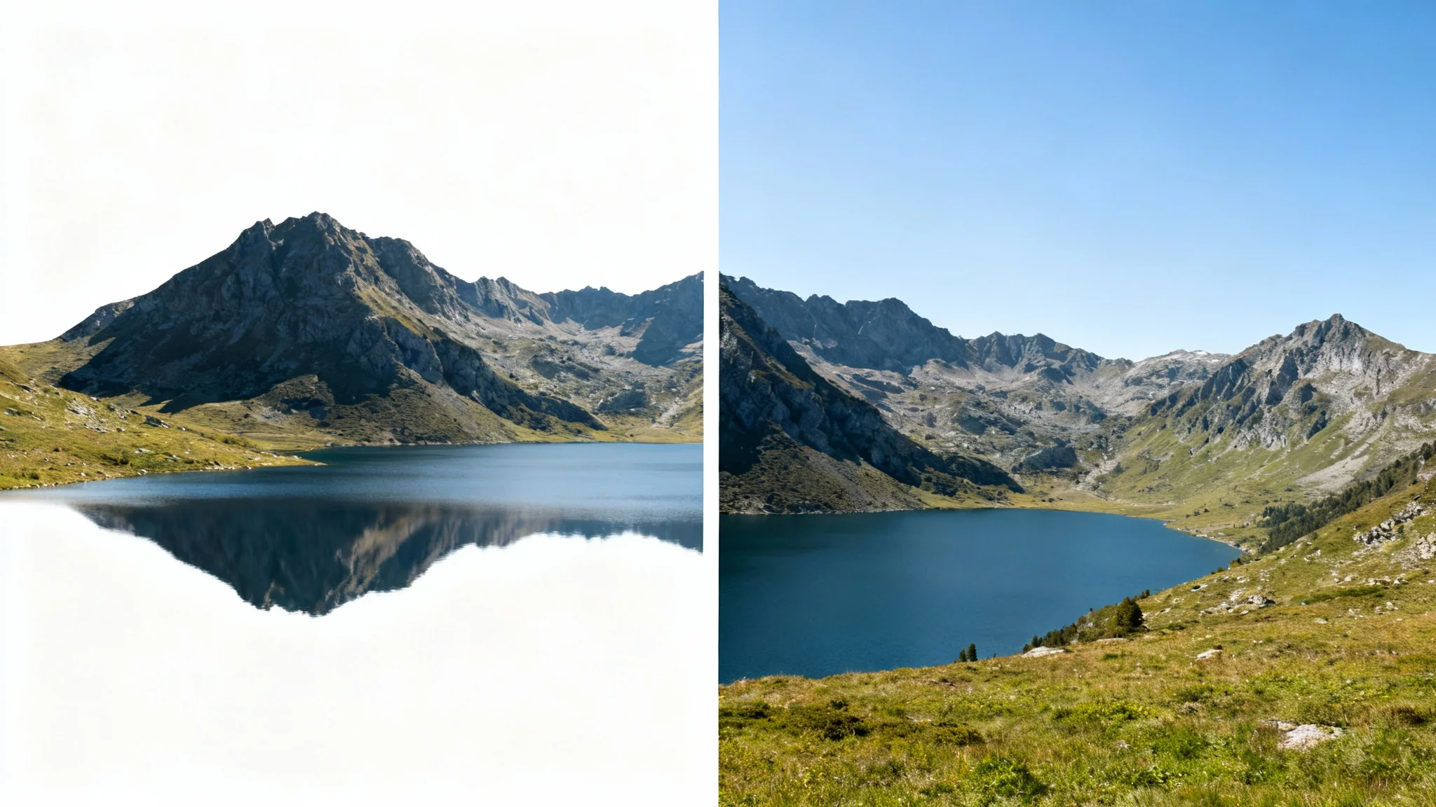 A before-and-after comparison image. The left half shows a landscape photo that is stretched horizontally and distorted. The right half shows the same photo fixed, with its correct, natural proportions.