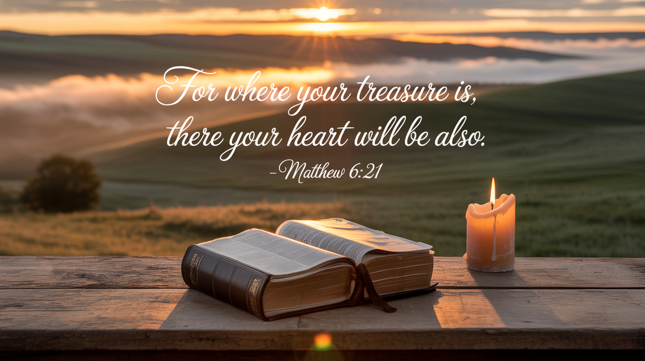 A professionally designed image showing an open Bible and candles on a table, with a beautiful sunrise landscape in the background. The bible verse 'For where your treasure is, there your heart will be also. - Matthew 6:21' is written in elegant script at the top.