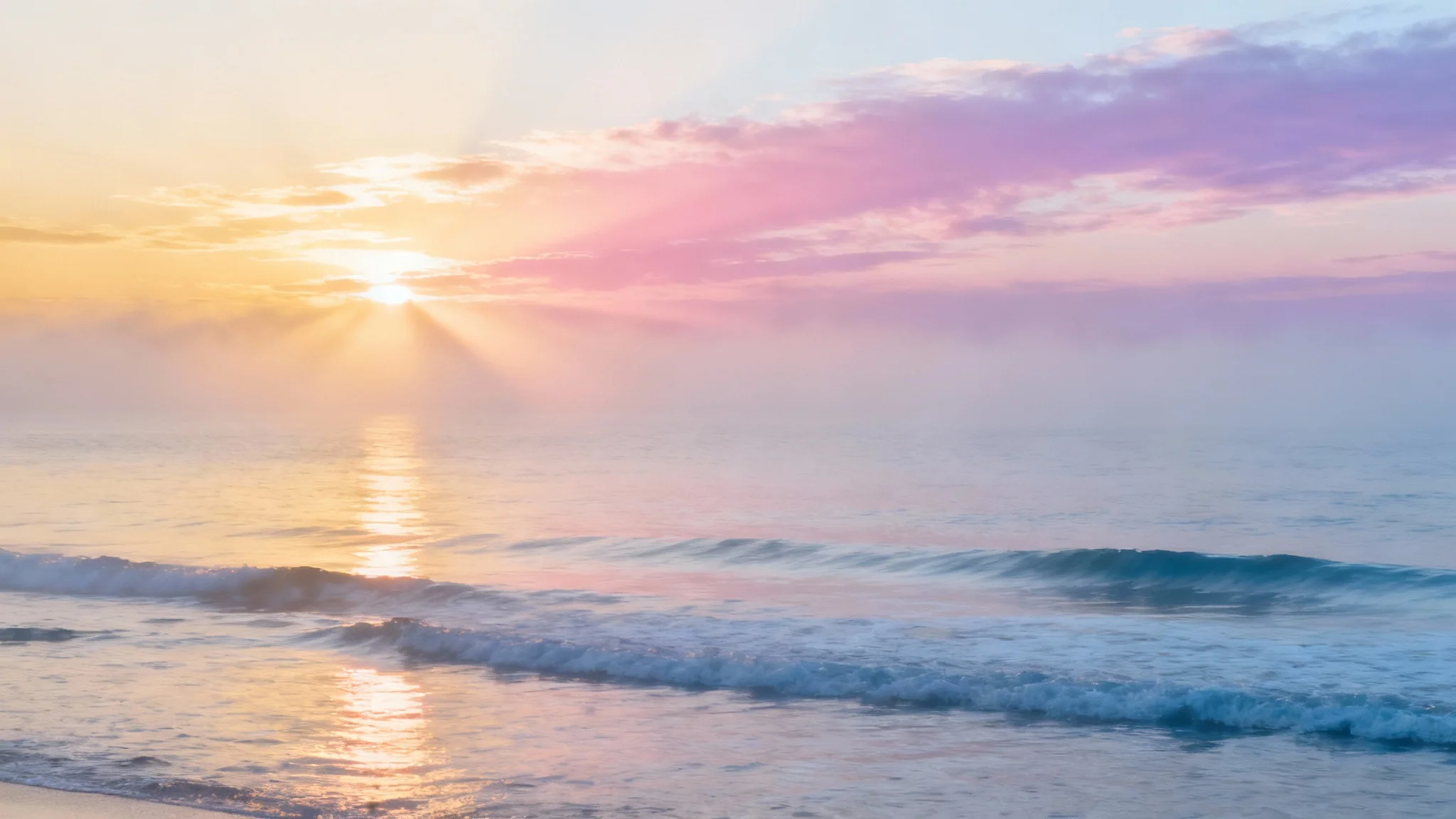 A beautiful and peaceful sunrise over a calm ocean, intended as a background for a bible verse, featuring soft golden and pink light.