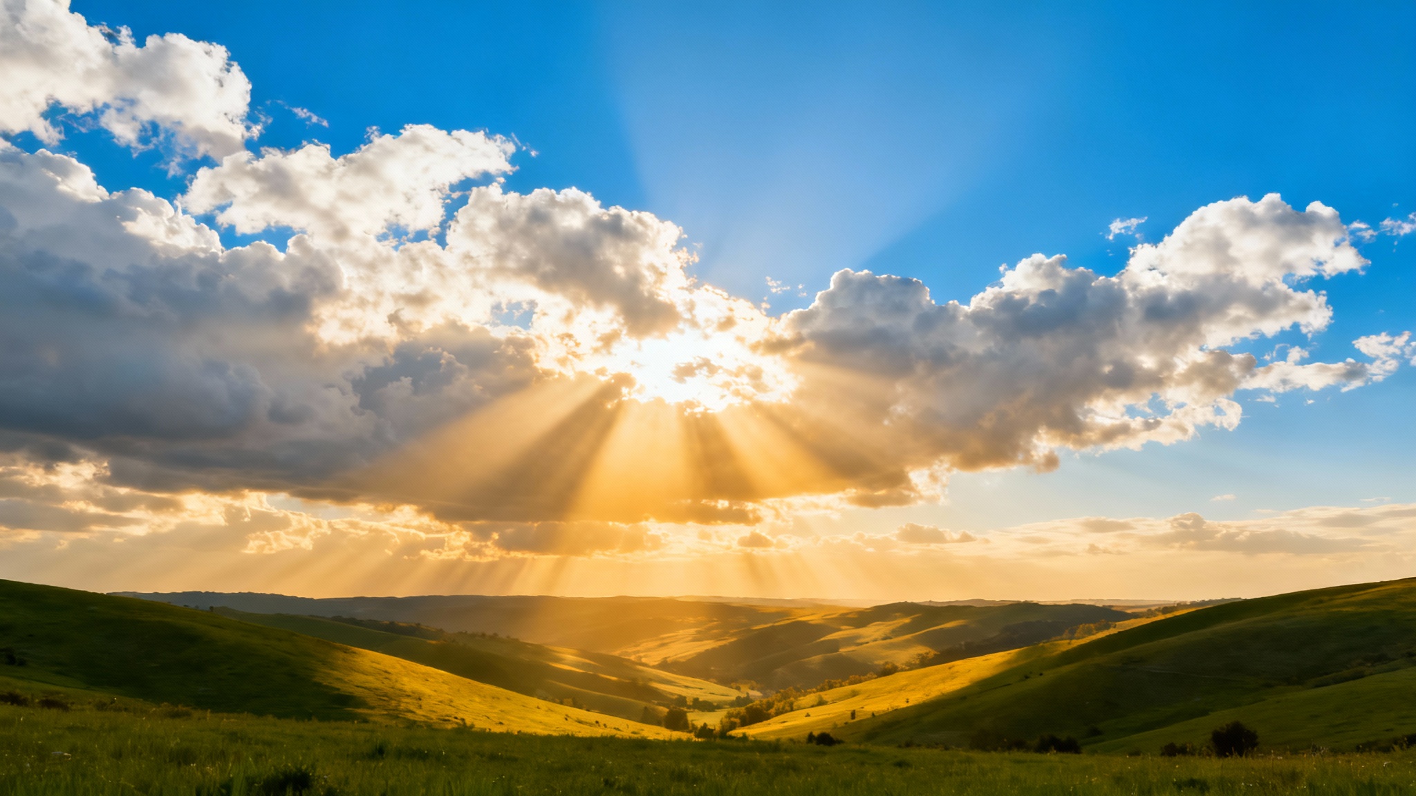 An awe-inspiring background image of golden sunbeams shining through clouds onto a peaceful green valley, creating a spiritual and uplifting scene.