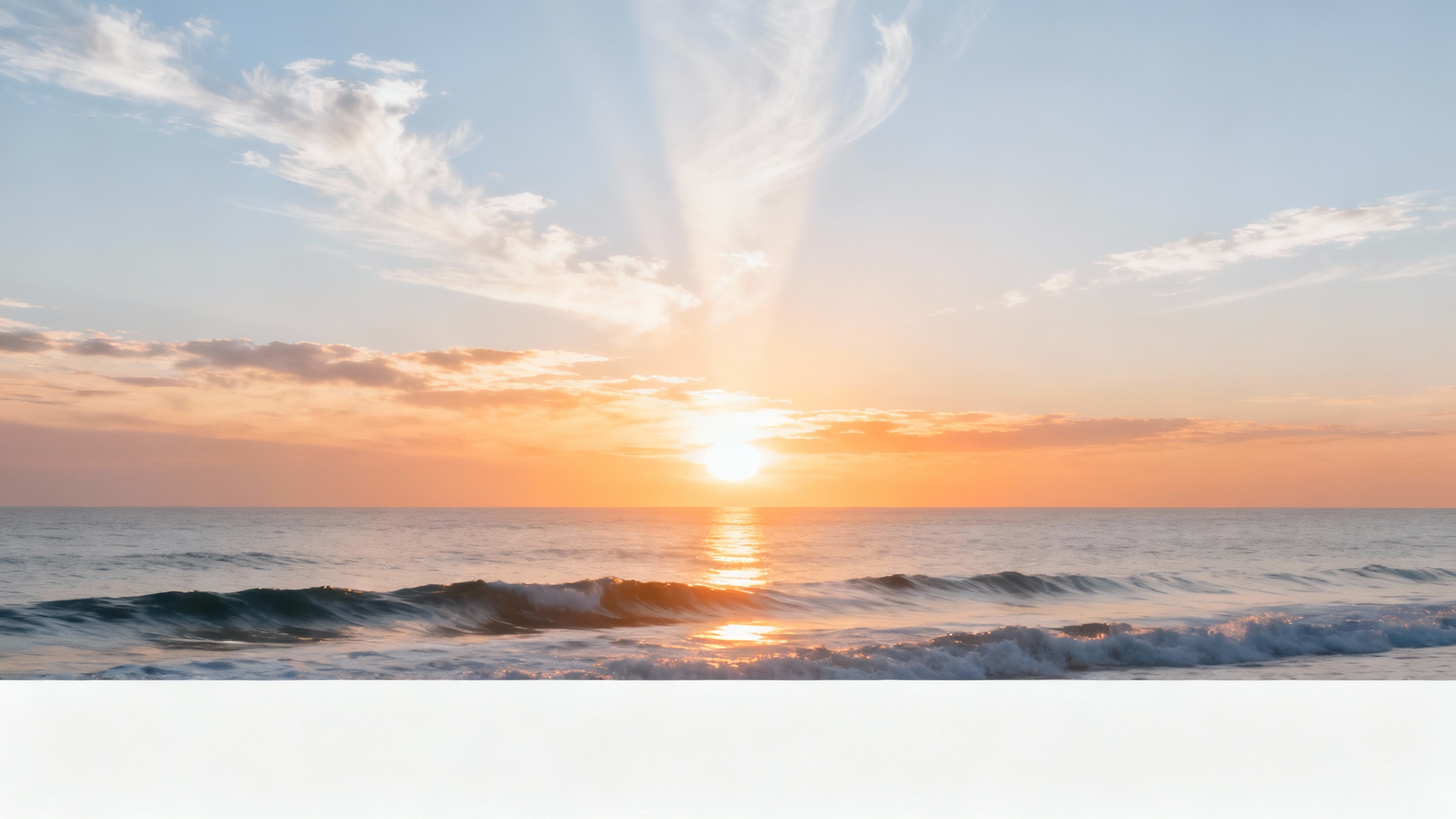 An inspirational and serene background image showing a beautiful sunrise over a calm ocean, suitable for displaying a bible verse.