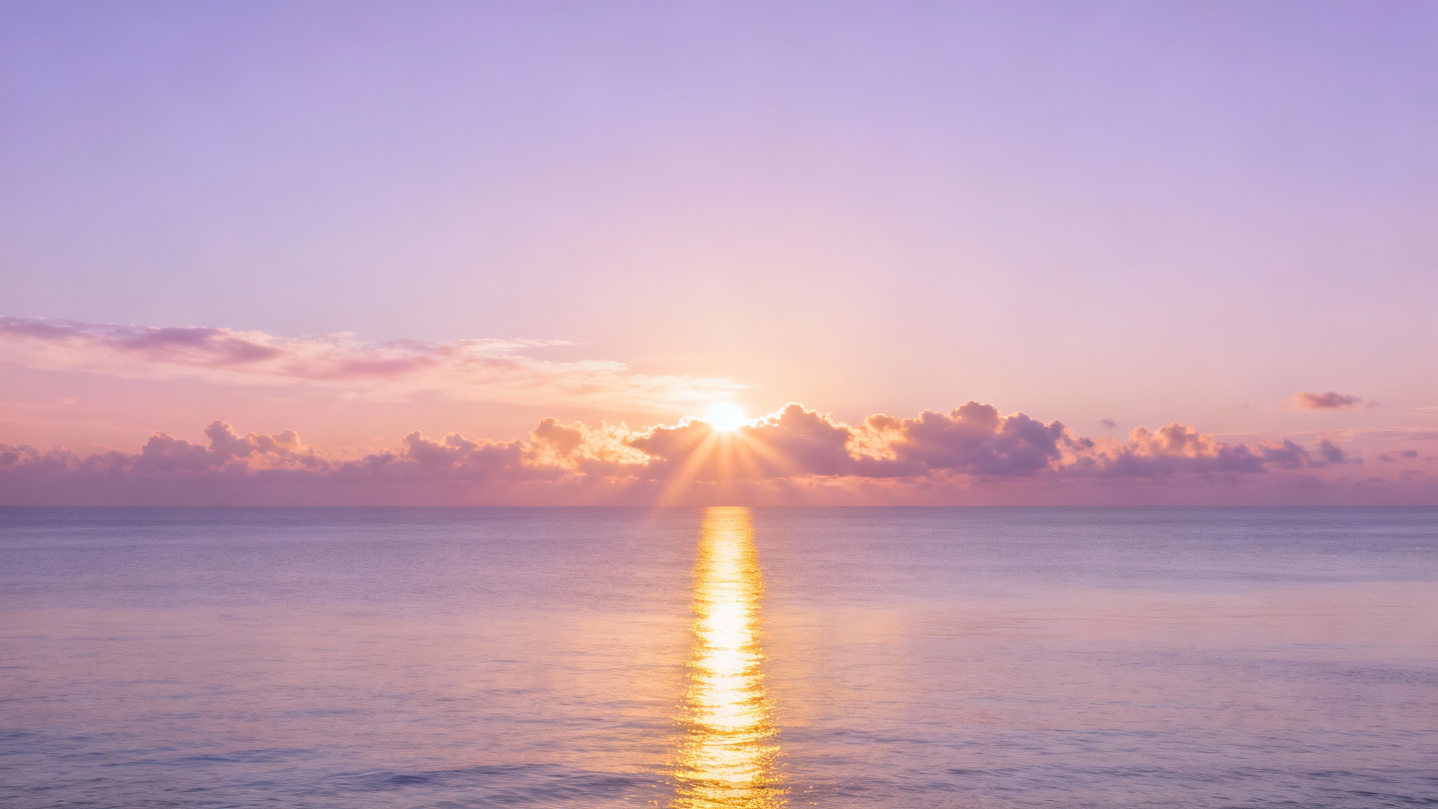 A stunning, photorealistic image of a peaceful sunrise over the ocean, designed as a background for Bible verses. The sky is filled with soft pastel colors, and the sun's rays create a golden path on the calm water.