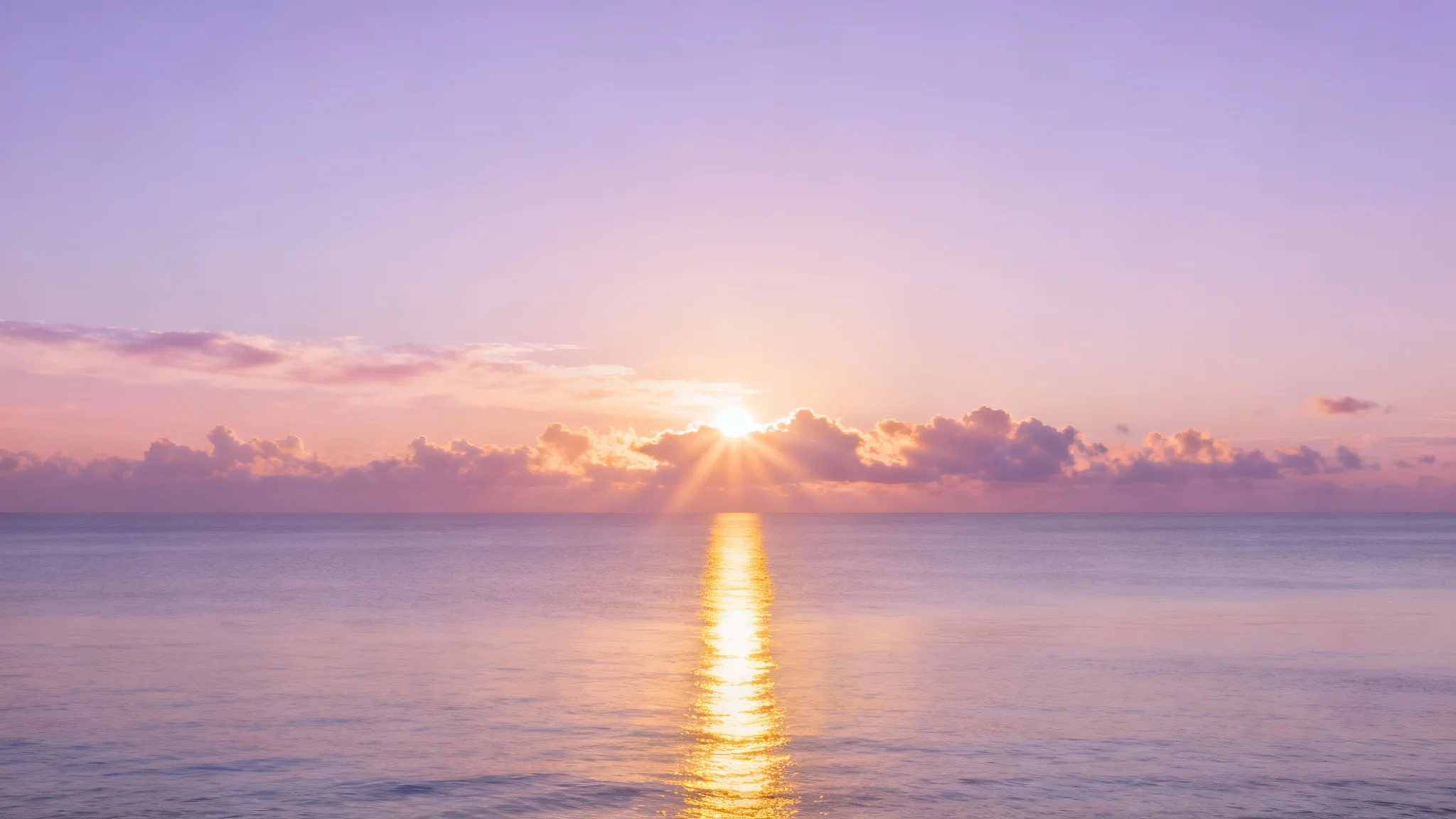 A stunning, photorealistic image of a peaceful sunrise over the ocean, designed as a background for Bible verses. The sky is filled with soft pastel colors, and the sun's rays create a golden path on the calm water.
