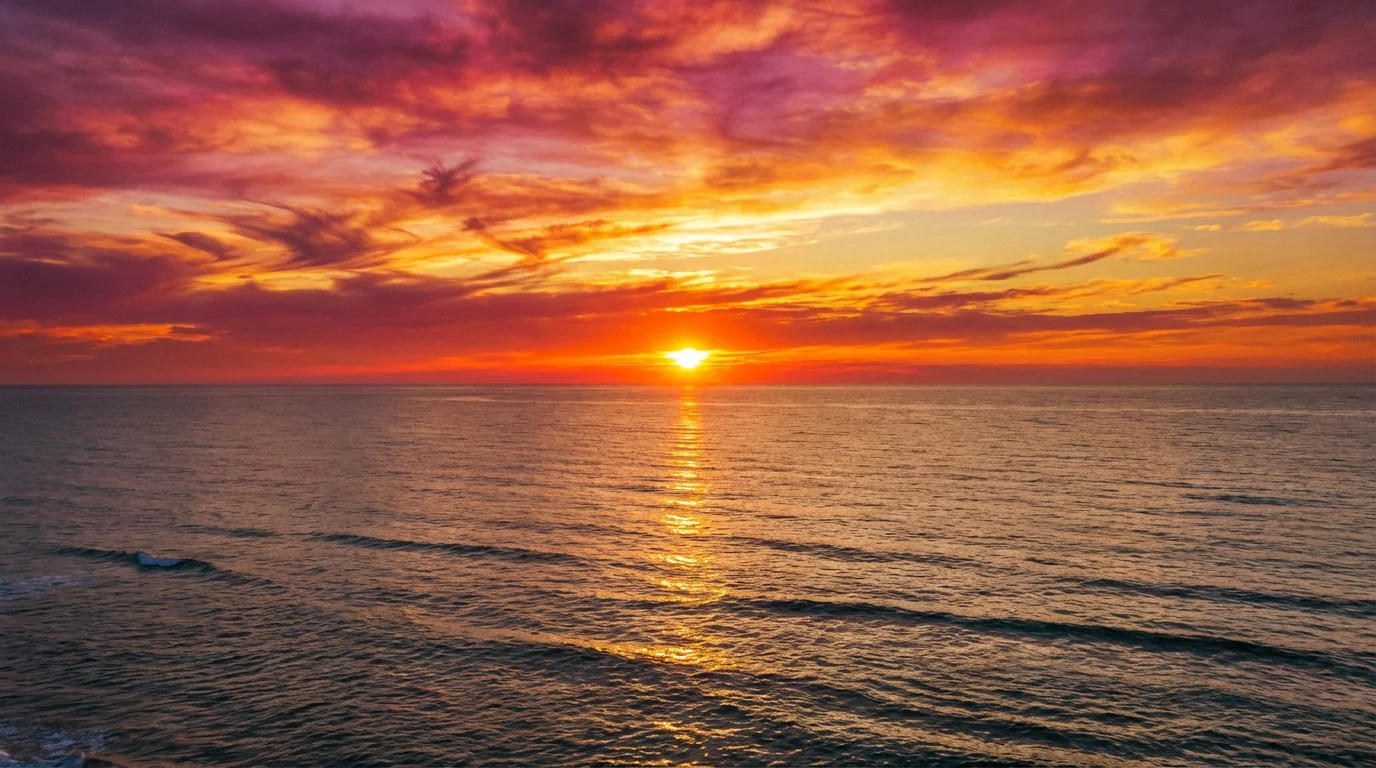 A stunning, wide-angle photorealistic image of a vibrant sunrise over a calm ocean, with the sky ablaze in orange, pink, and yellow, and the sun's reflection shimmering on the water.