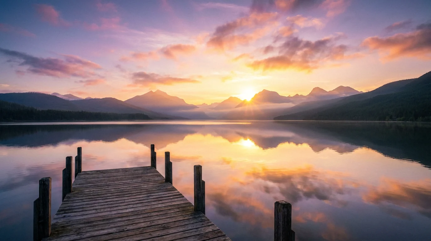 A tranquil and photorealistic image of a sunrise over a calm lake, with vibrant orange, pink, and purple clouds reflected in the water and a wooden pier in the foreground.