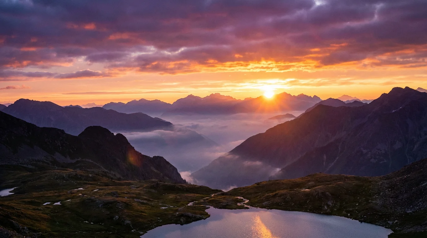 A stunning, photorealistic image of a vibrant sunrise over a misty mountain range, with the sun's golden rays breaking over the peaks.