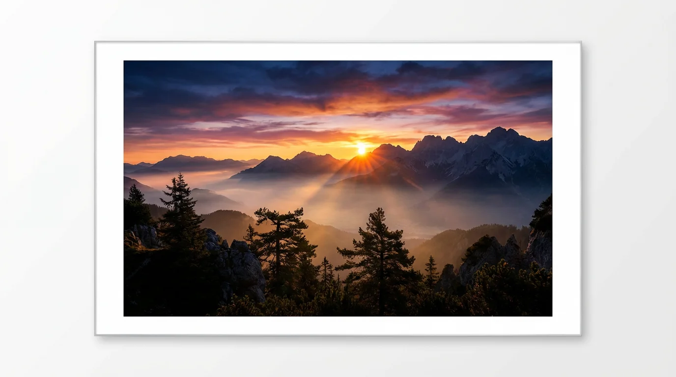 A serene and colorful sunrise over a misty mountain valley, with the sun's golden rays breaking through the clouds.