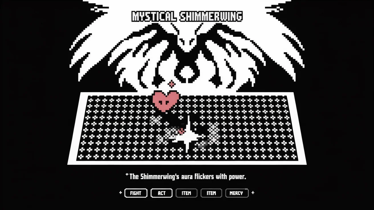 A final result of an Undertale battle generator, showing a pixel art battle screen. A mystical creature is the enemy, a red heart dodges projectiles in a box, and UI buttons for FIGHT, ACT, ITEM, and MERCY are at the bottom.