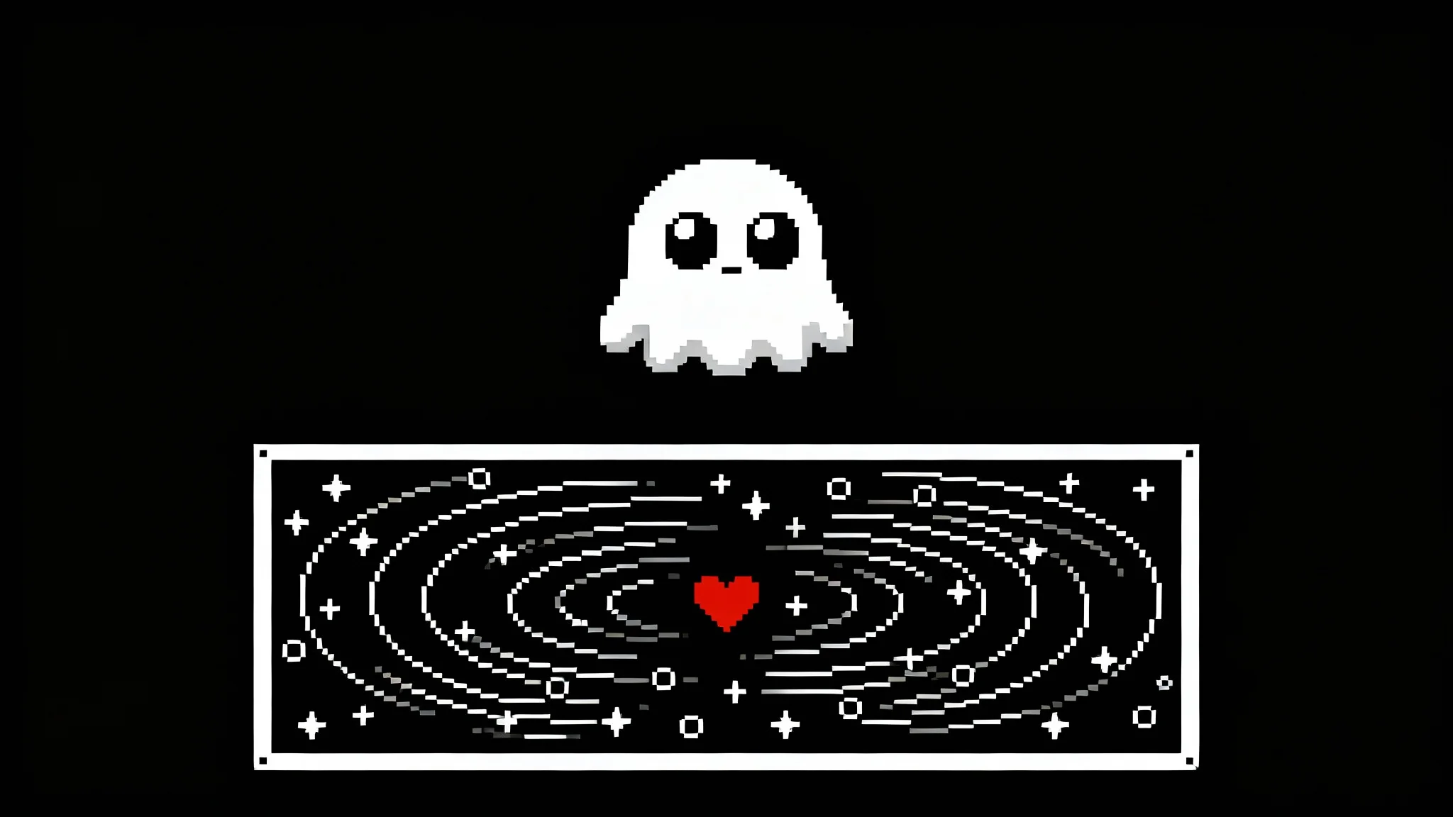 A 16-bit pixel art recreation of an Undertale-style battle screen. A whimsical white monster sprite is at the top against a black background, and a small red heart dodges white star-shaped projectiles inside a box below.
