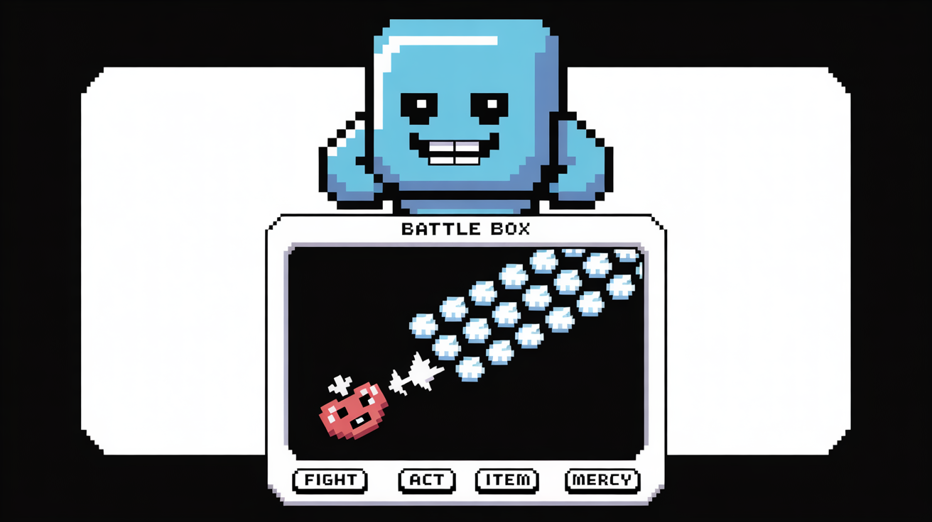 A pixel art mockup of a battle scene inspired by the game Undertale. A friendly blue slime monster named 'Blobby' is at the top. Below, a red heart dodges projectiles inside a box. At the bottom are the words 'FIGHT', 'ACT', 'ITEM', and 'MERCY'. The entire retro game scene is on a white background.